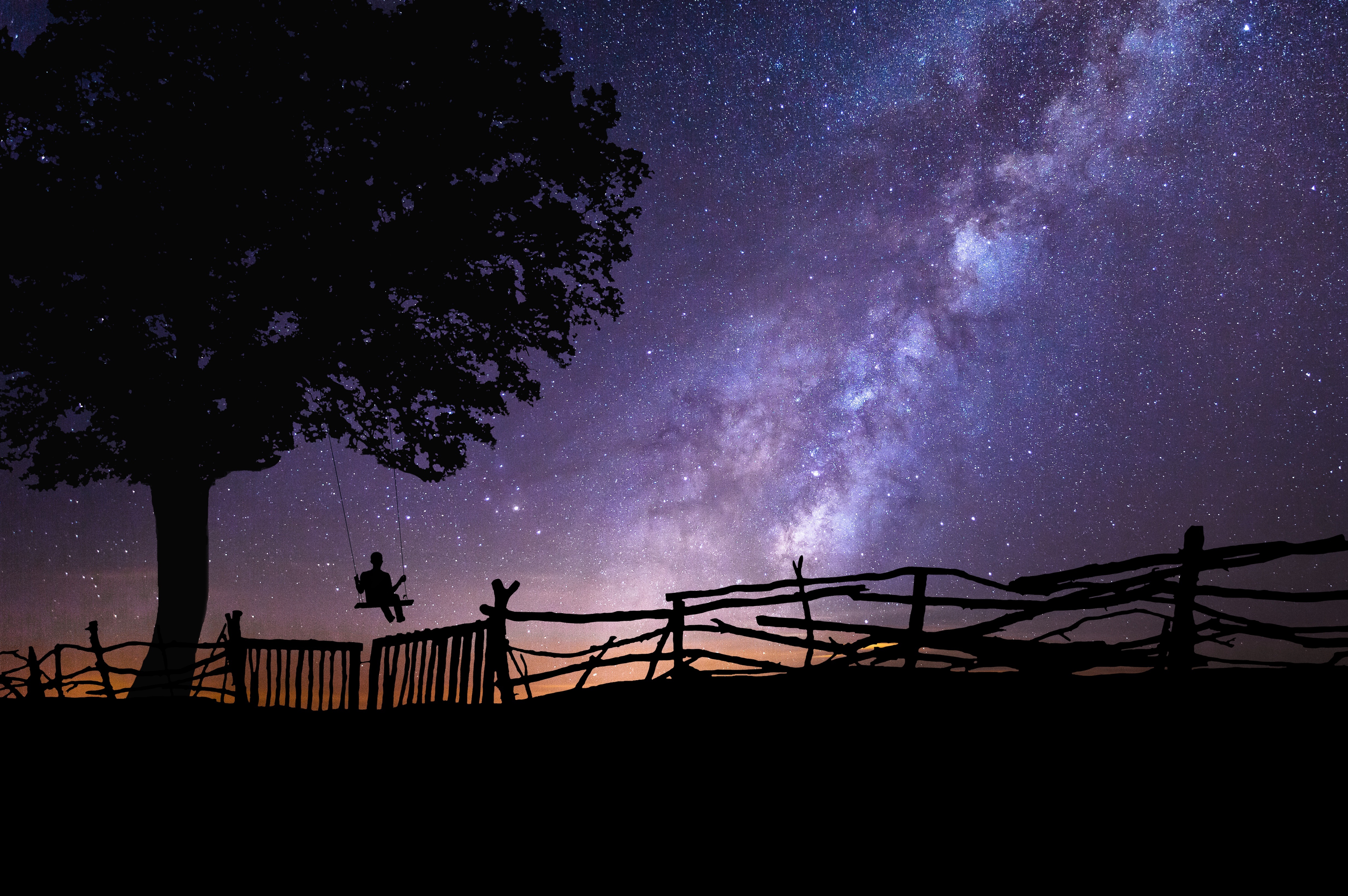starry sky, night, dark, silhouette, wood, tree, swing download HD wallpaper