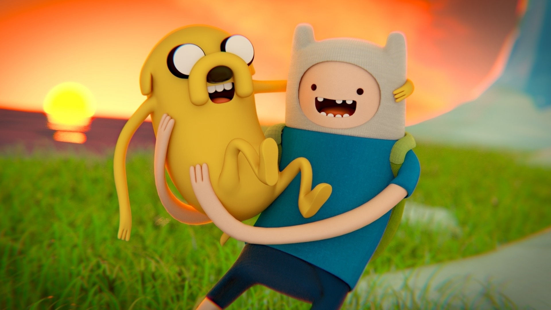 Free download wallpaper Sunset, Grass, Sun, Dog, Child, Tv Show, Adventure Time on your PC desktop