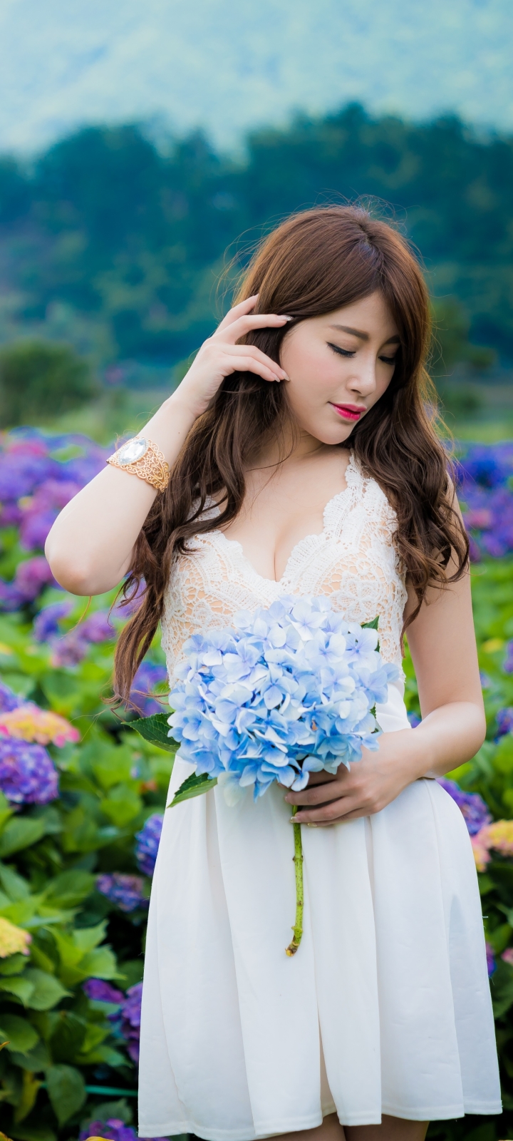Download mobile wallpaper Flower, Mood, Hydrangea, Brunette, Model, Women, Asian, Lipstick, White Dress, Blue Flower for free.