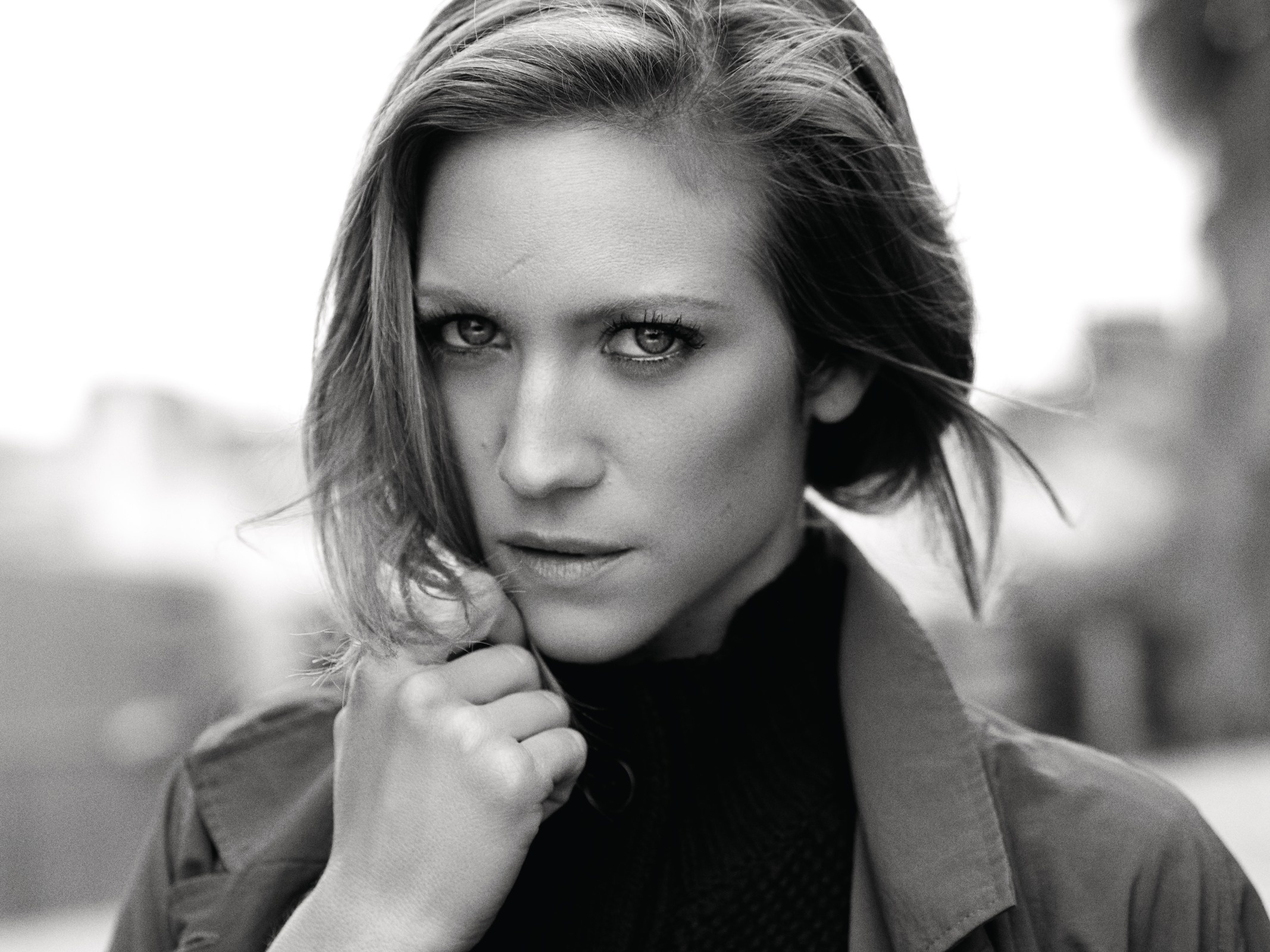celebrity, brittany snow, actress, american, black & white, face