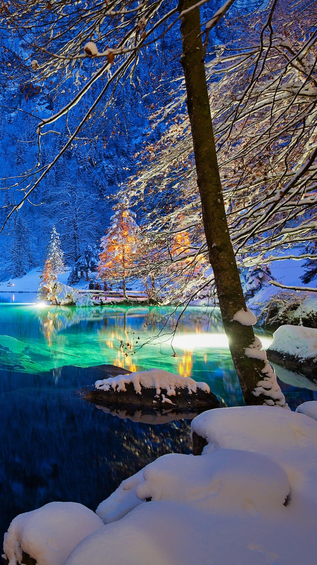 Скачать картинку Зима, Ночь, Снег, Озера, Озеро, Швейцария, Земля/природа в телефон бесплатно.