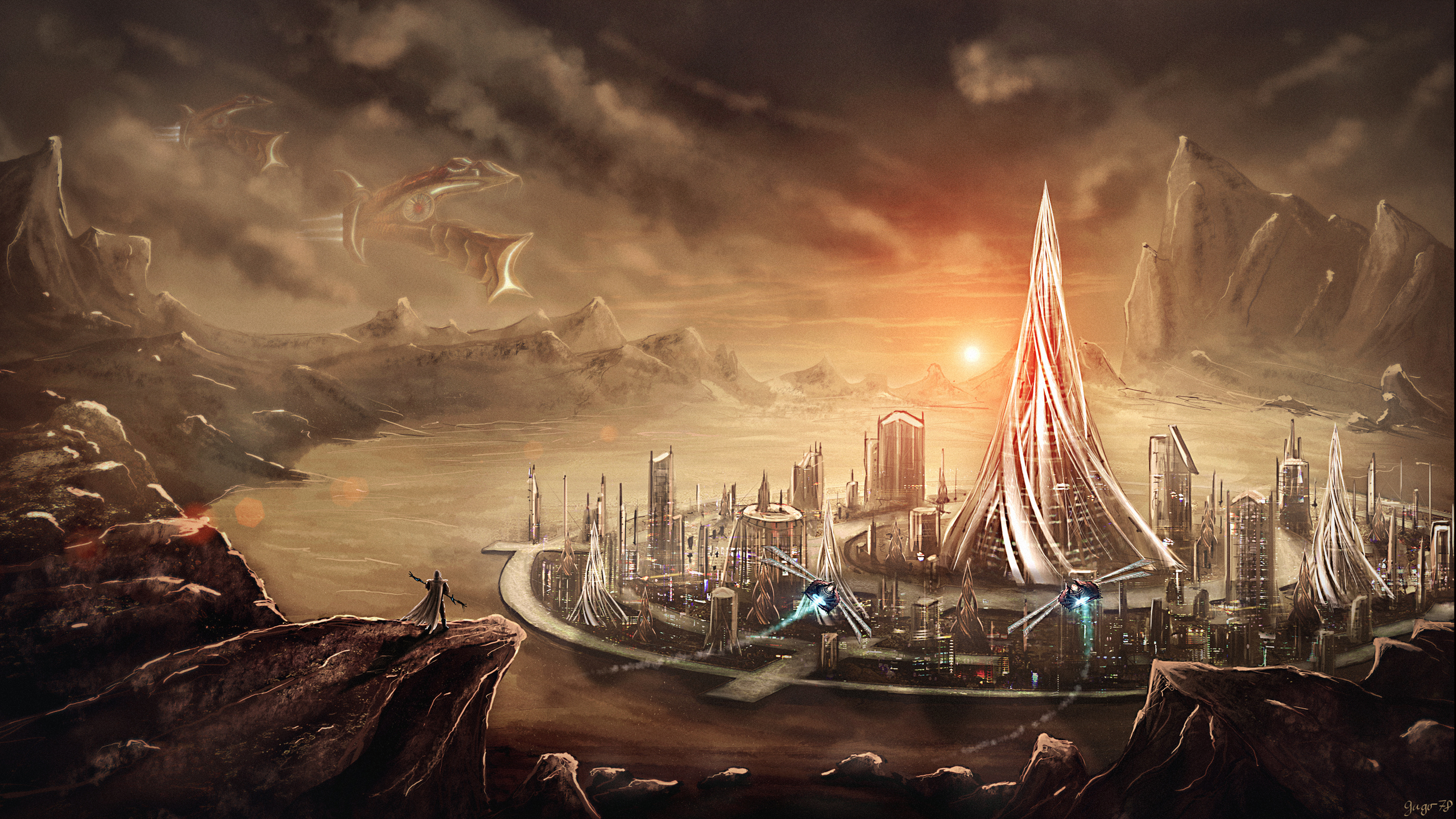 Free download wallpaper Landscape, Sunset, City, Sci Fi, Spaceship on your PC desktop