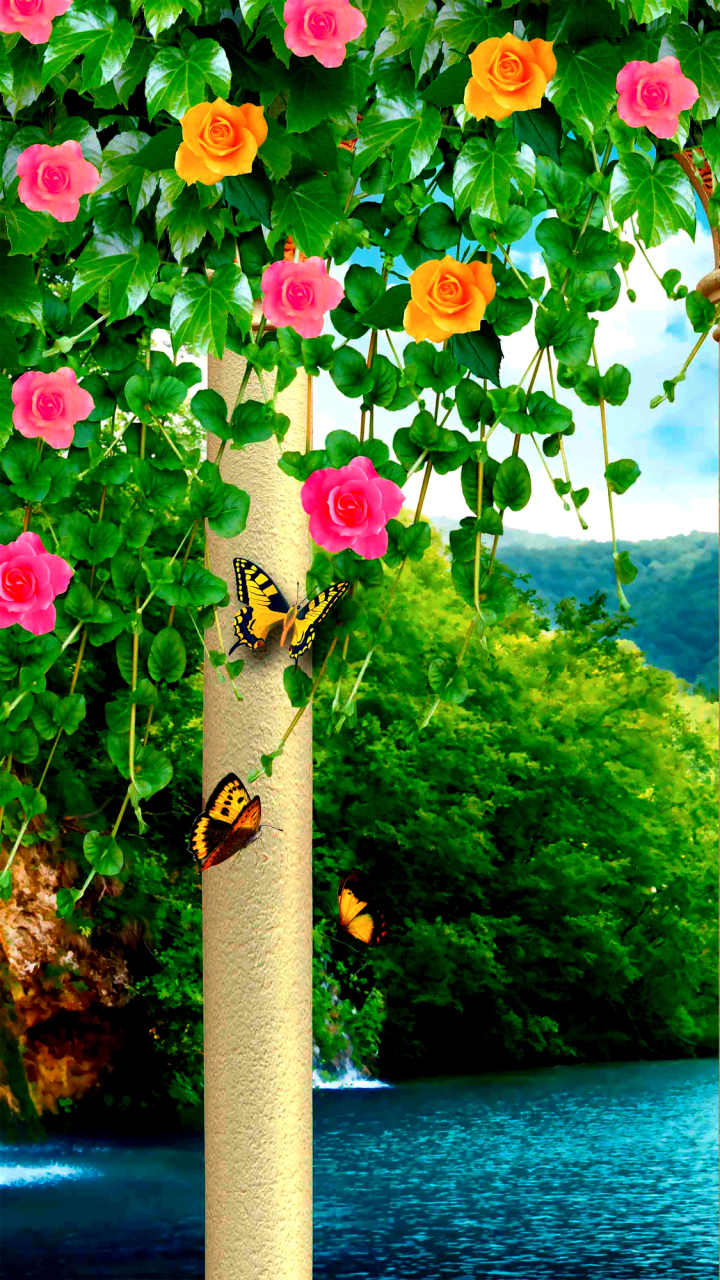 Handy-Wallpaper Natur, See, Blume, Wasserfall, Rose, Bunt, Frühling, Säulen, Künstlerisch kostenlos herunterladen.