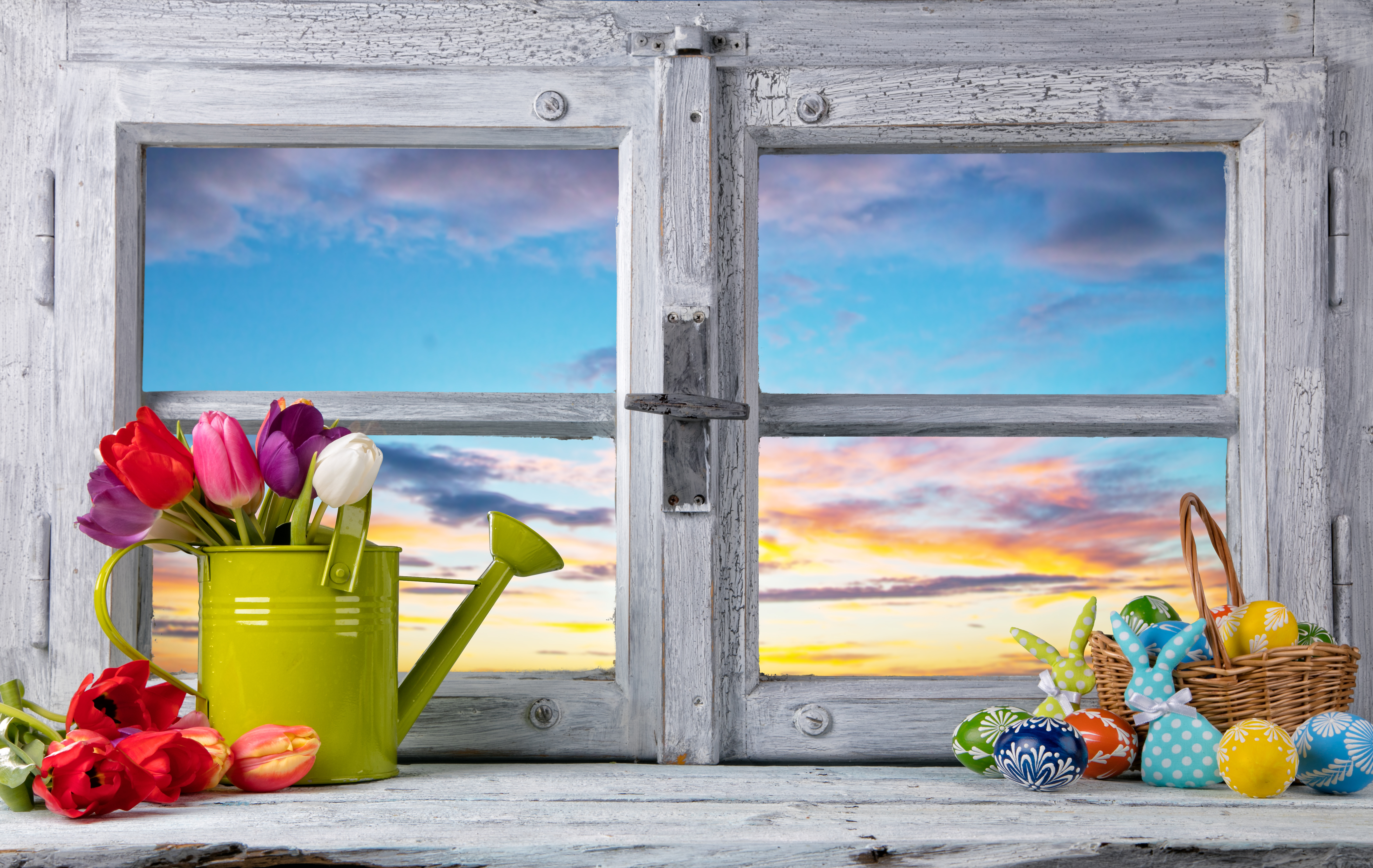 holiday, easter, basket, colorful, flower, sunset, tulip, watering can, window