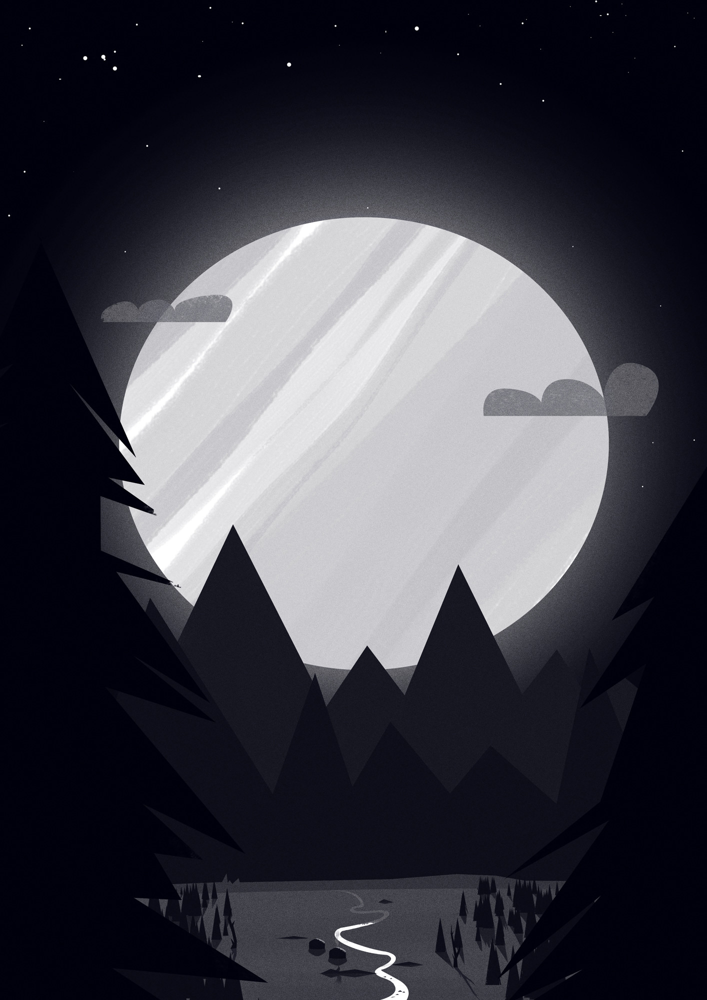 Download mobile wallpaper Path, Trees, Mountains, Art, Moon, Night for free.