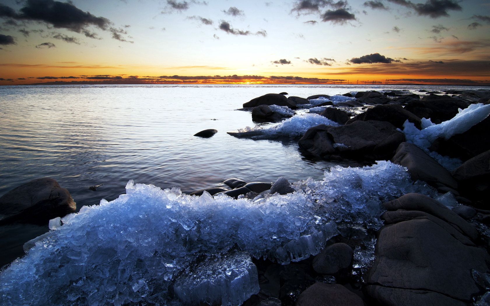 Download mobile wallpaper Bank, Cold, Shore, Sea, Ice, Sunset, Nature for free.