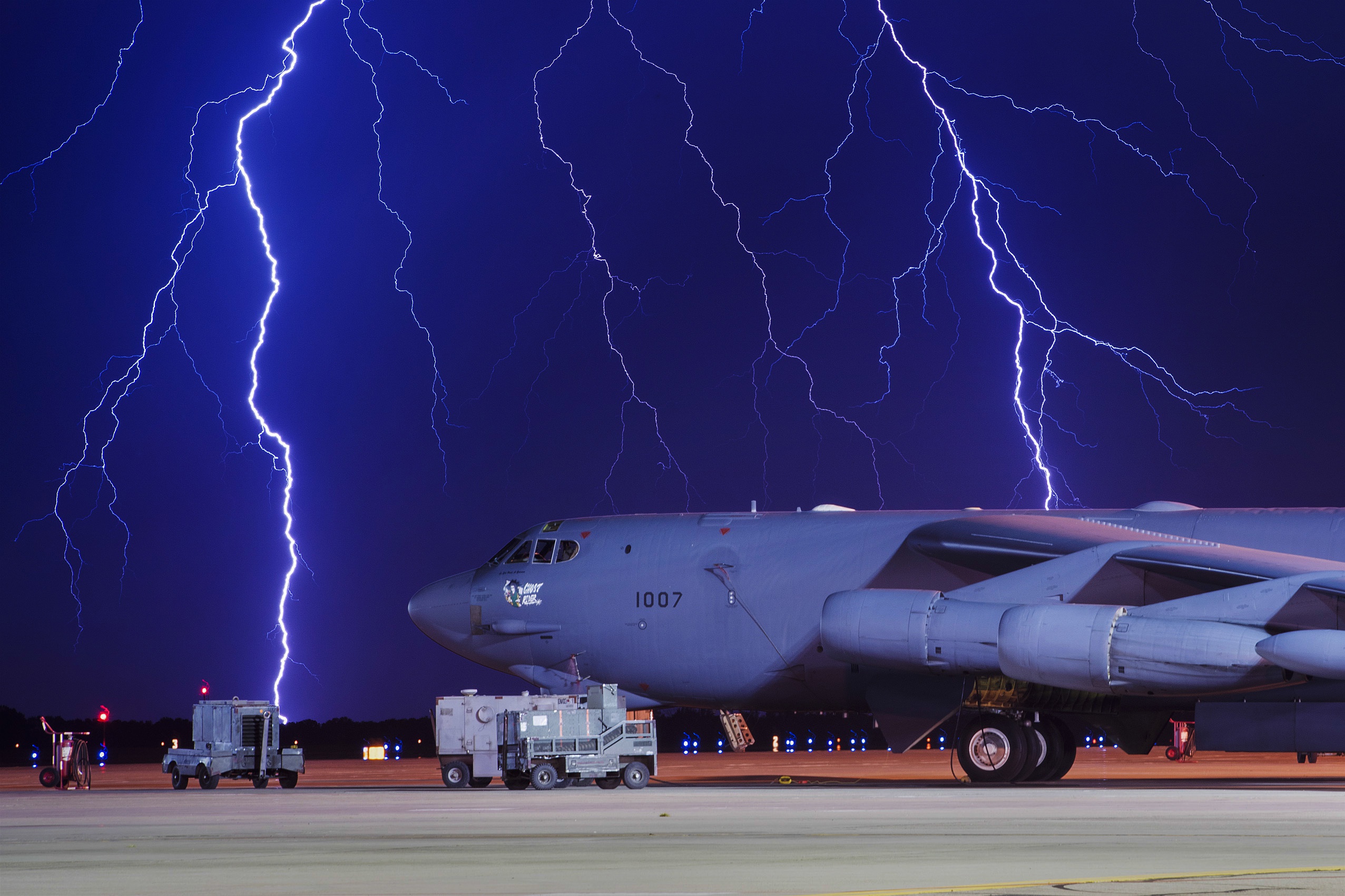 military, boeing b 52 stratofortress, aircraft, lightning, night, transport aircraft, warplane, bombers