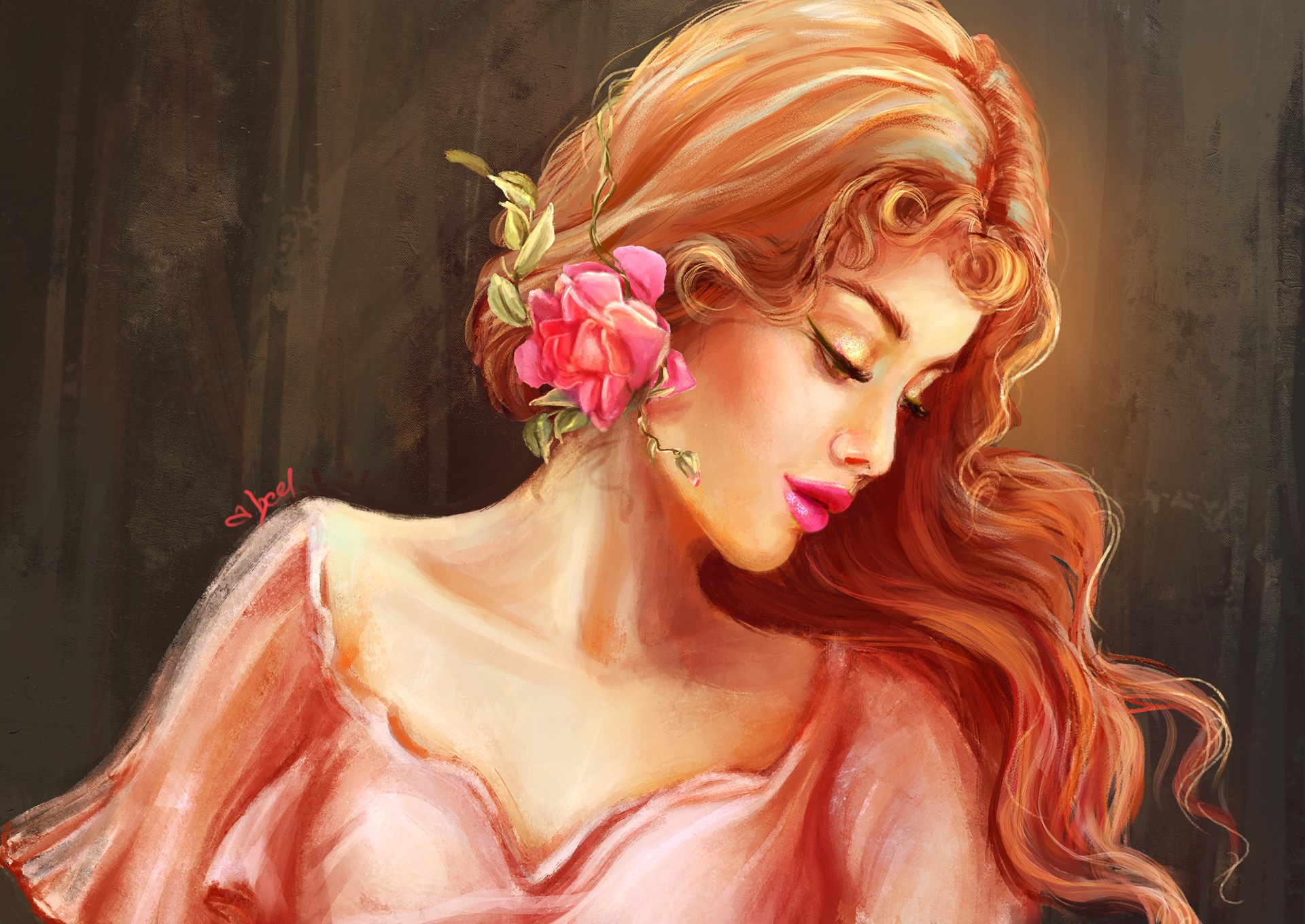 Download mobile wallpaper Flower, Rose, Redhead, Painting, Hair, Artistic, Women, Lipstick for free.