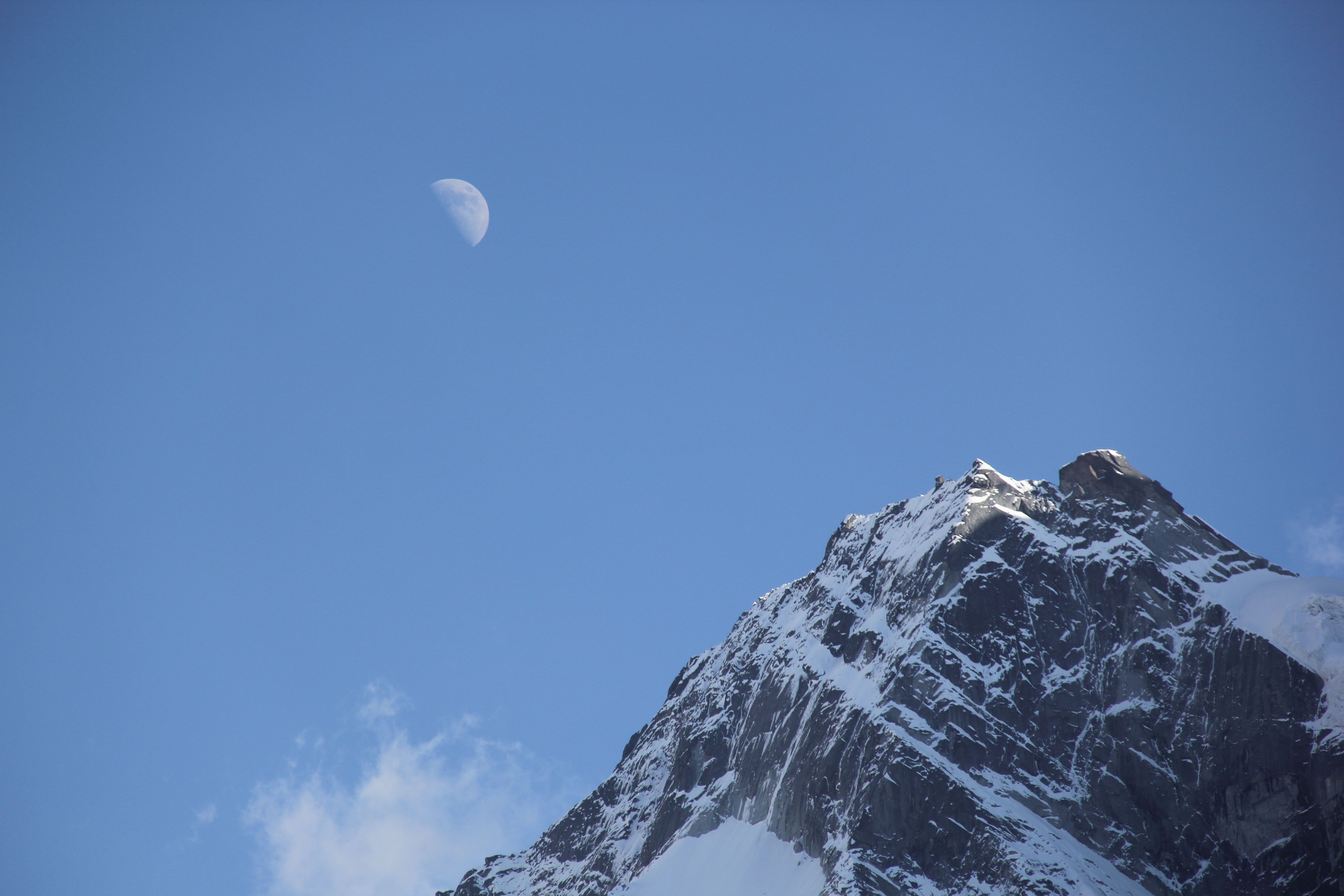 Free download wallpaper Sky, Mountains, Top, Snow, Vertex, Nature, Moon on your PC desktop