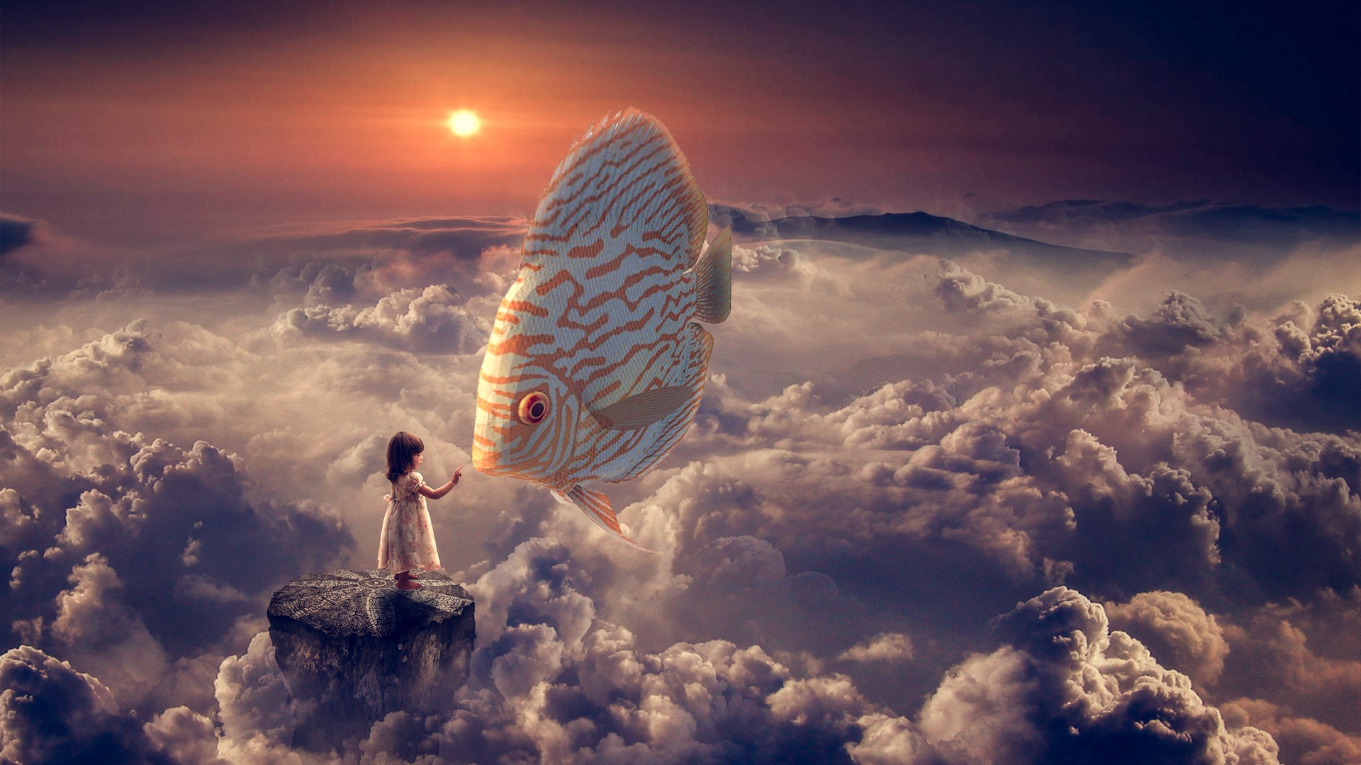 Download mobile wallpaper Fantasy, Sun, Cloud, Fish, Child, Little Girl for free.
