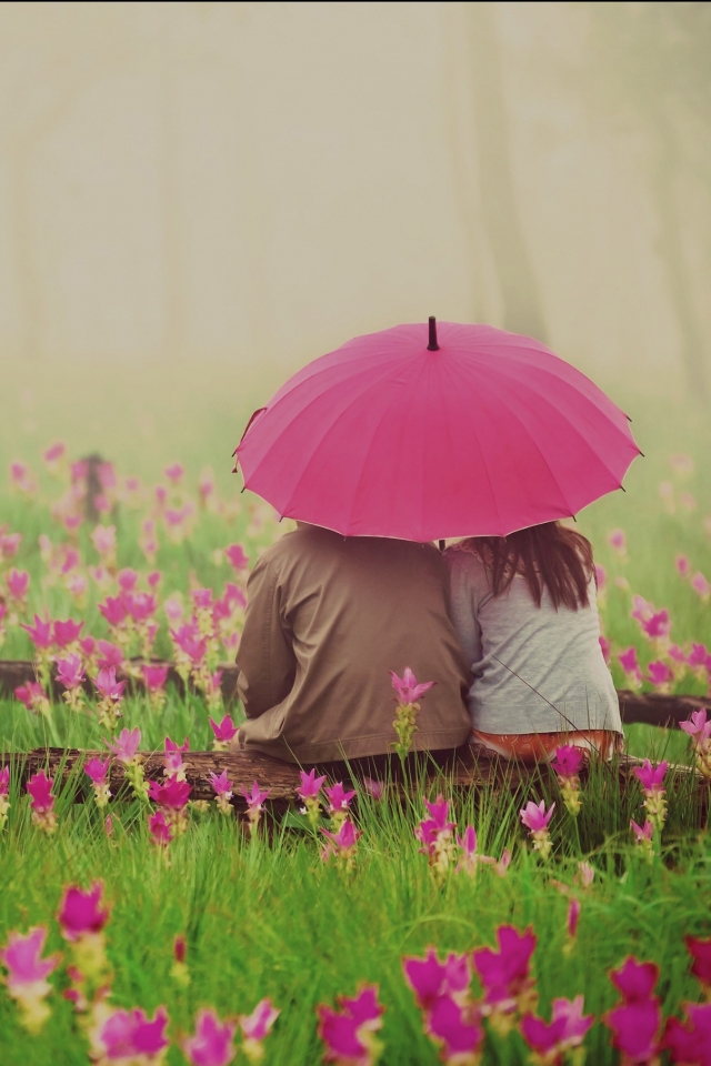 Pareja Romántica Bajo un Paraguas Rosa en un Campo de Flores - Fondo de Pantalla