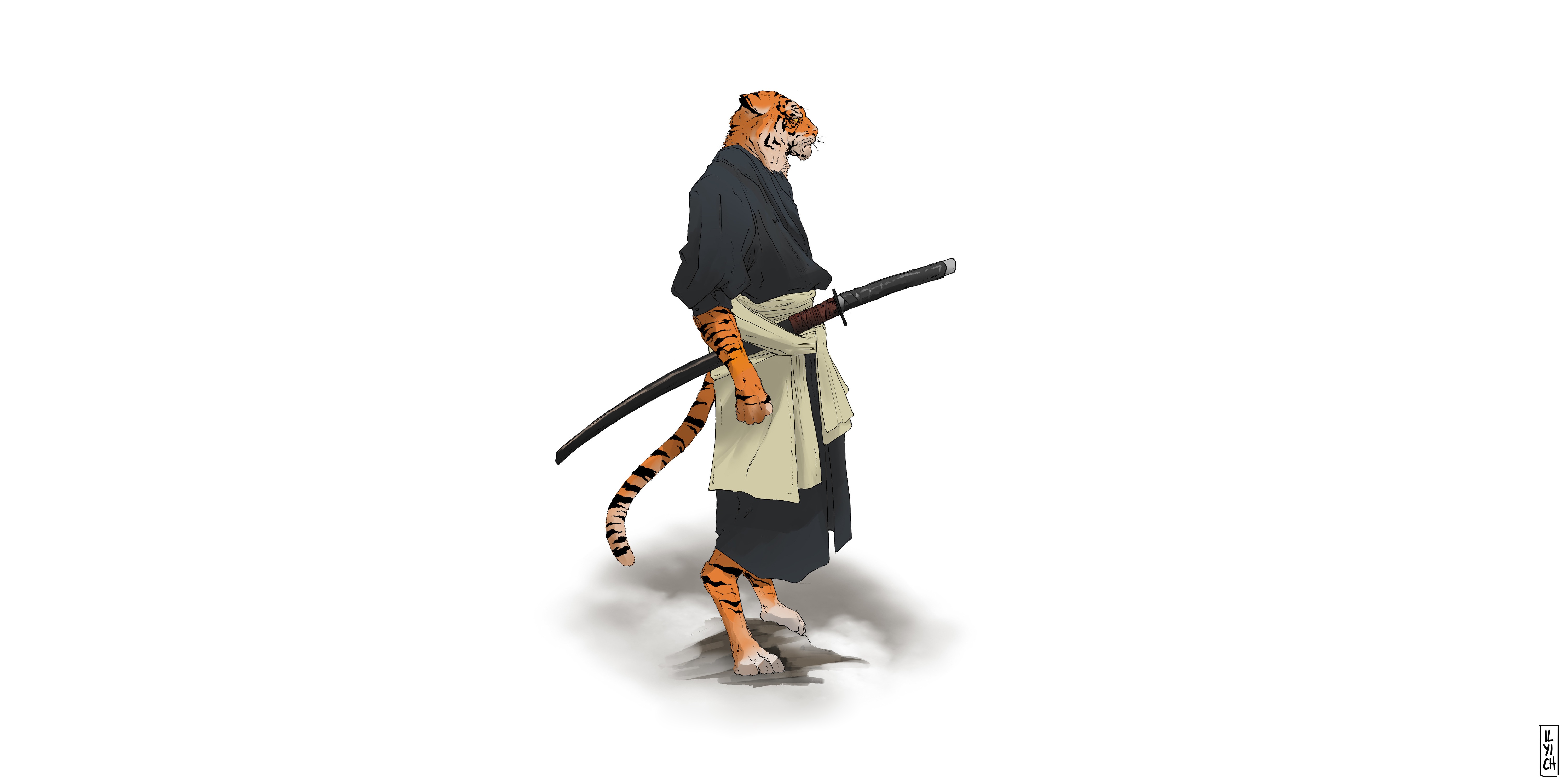 Download mobile wallpaper Fantasy, Tiger, Warrior, Samurai, Katana for free.