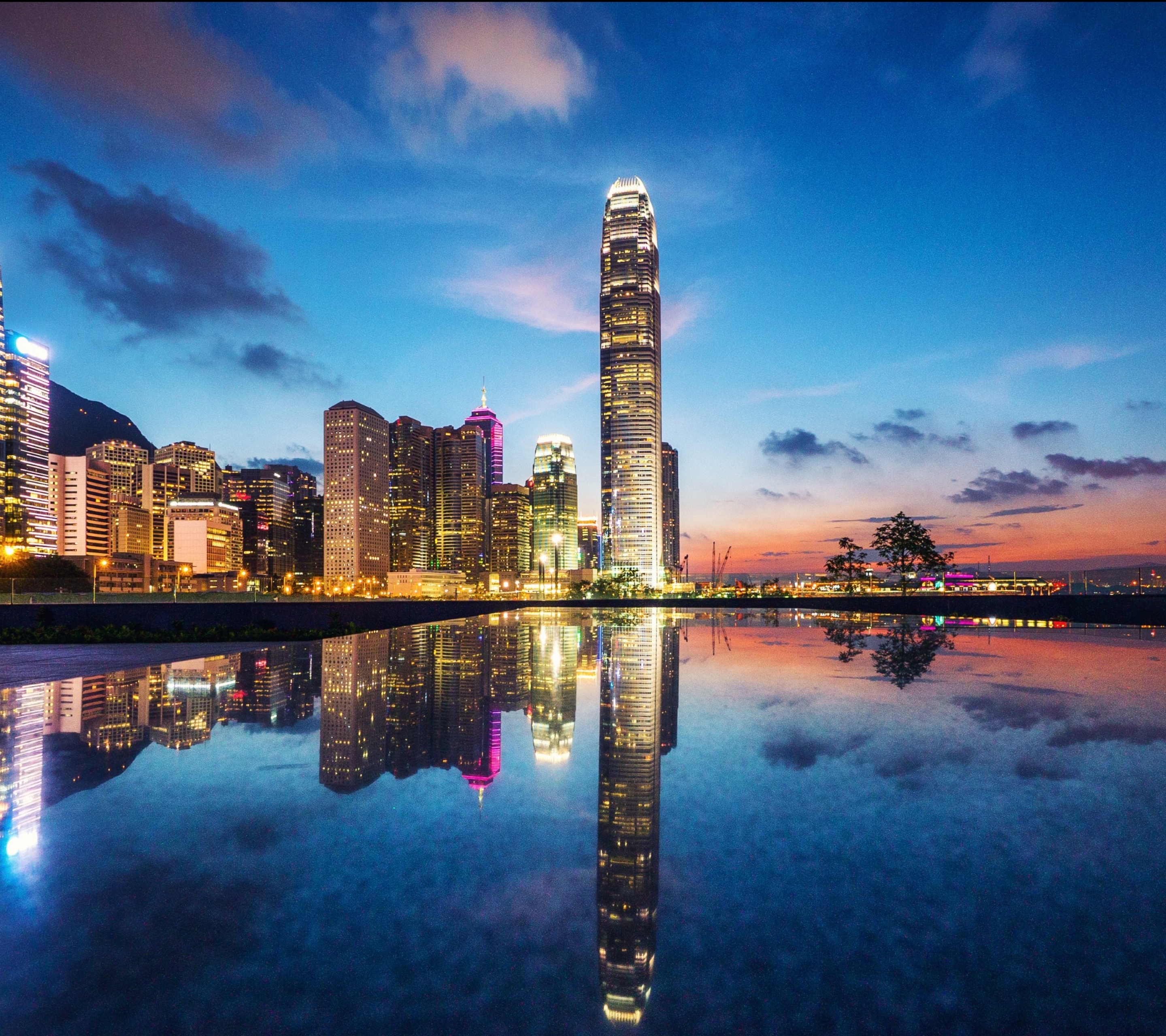 Free download wallpaper Cities, Architecture, Twilight, Building, Reflection, Cityscape, Hong Kong, Man Made on your PC desktop