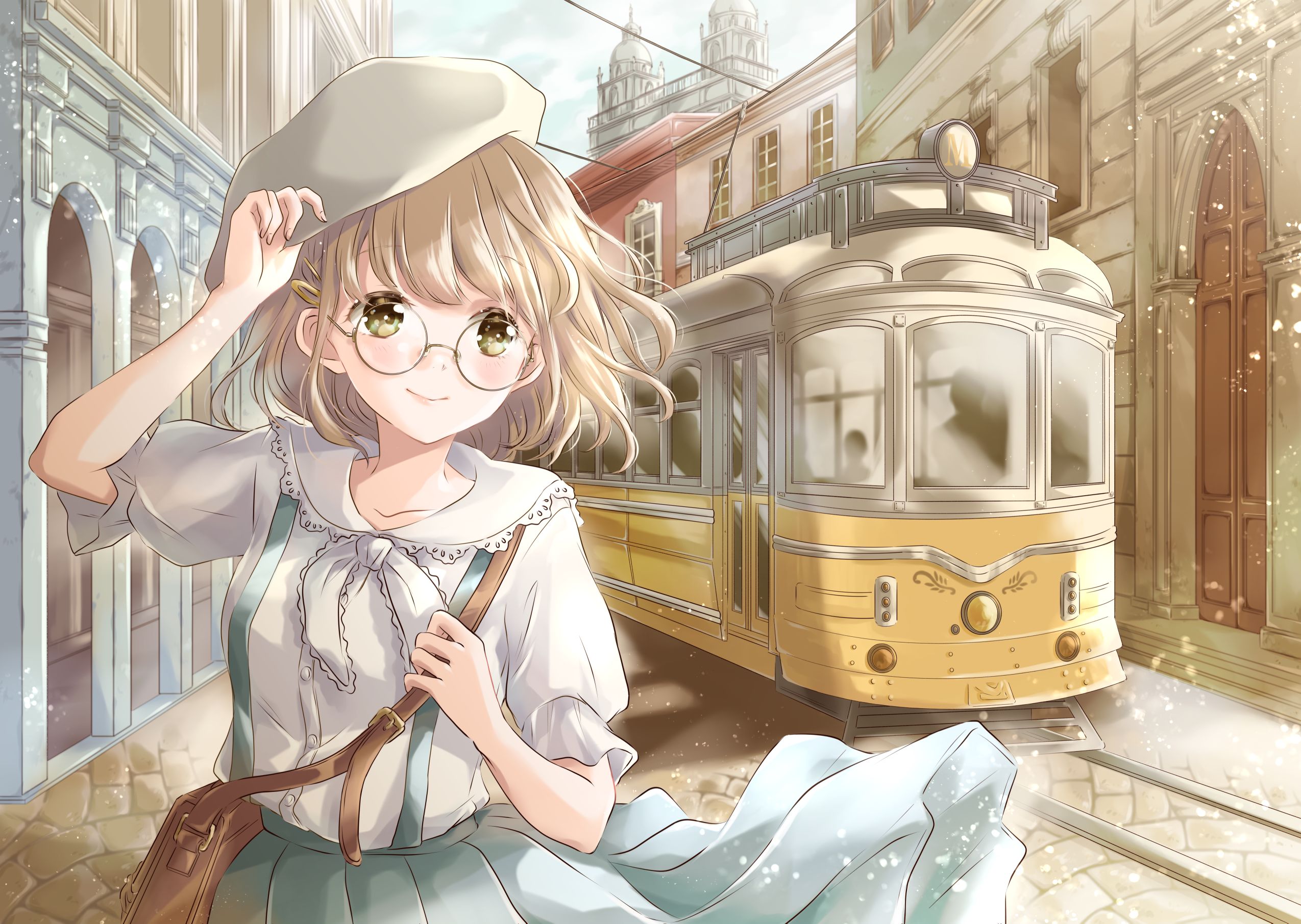 Download mobile wallpaper Anime, Glasses, Hat, Original, Tram for free.