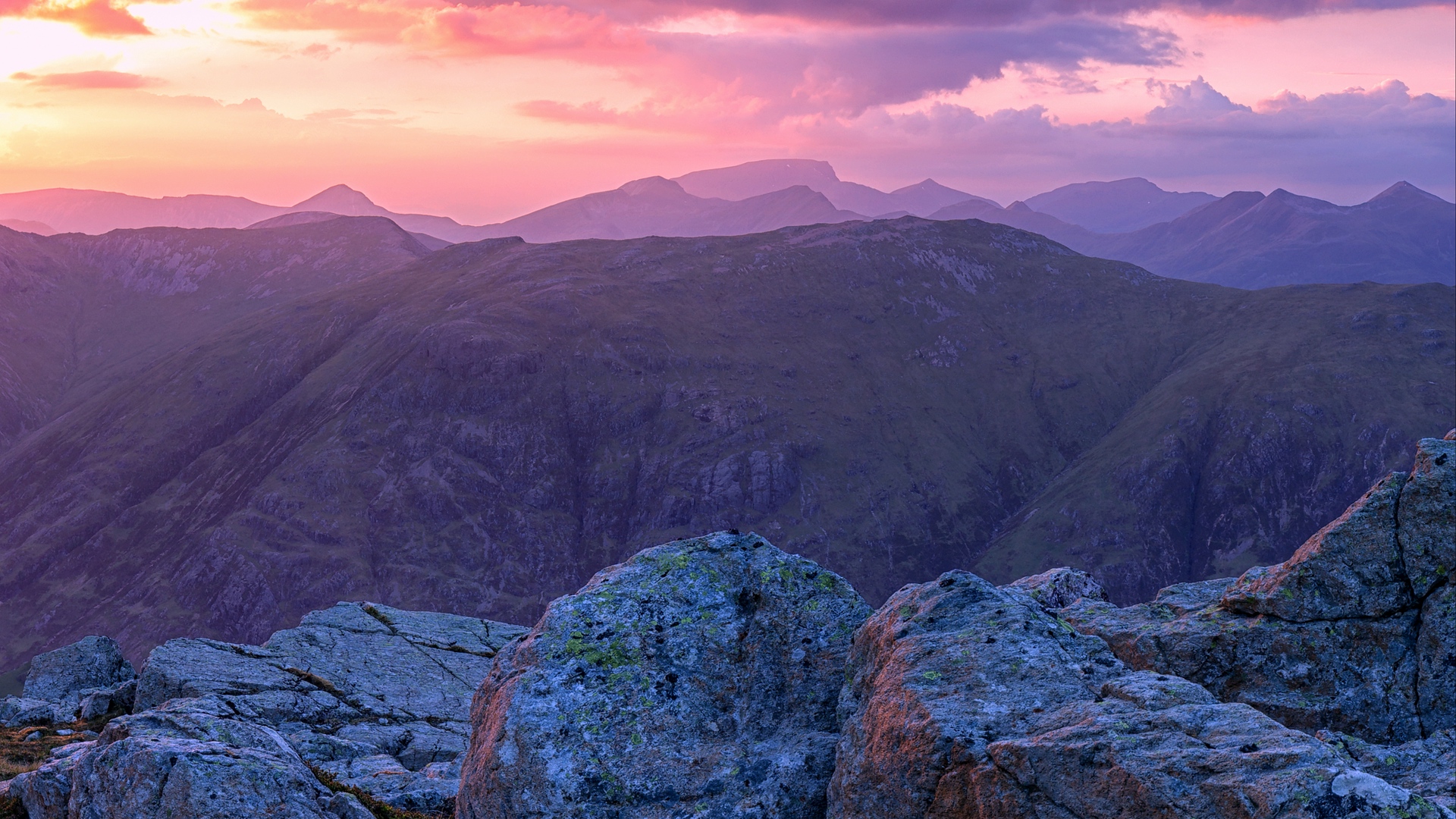 Скачать обои бесплатно Закат, Небо, Горы, Гора, Шотландия, Земля/природа картинка на рабочий стол ПК