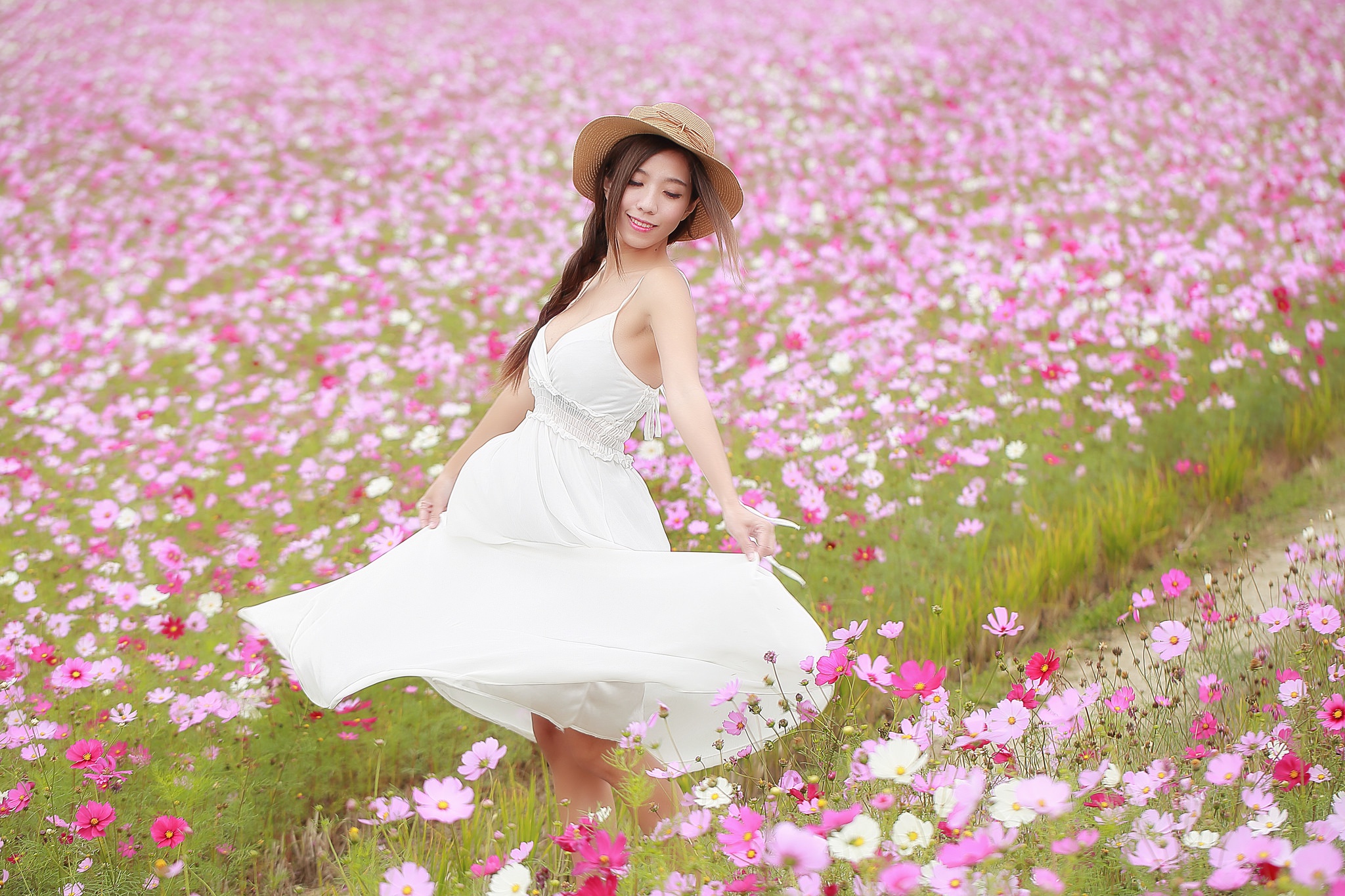 Download mobile wallpaper Flower, Mood, Hat, Brunette, Model, Women, Braid, Asian, Pink Flower, White Dress for free.