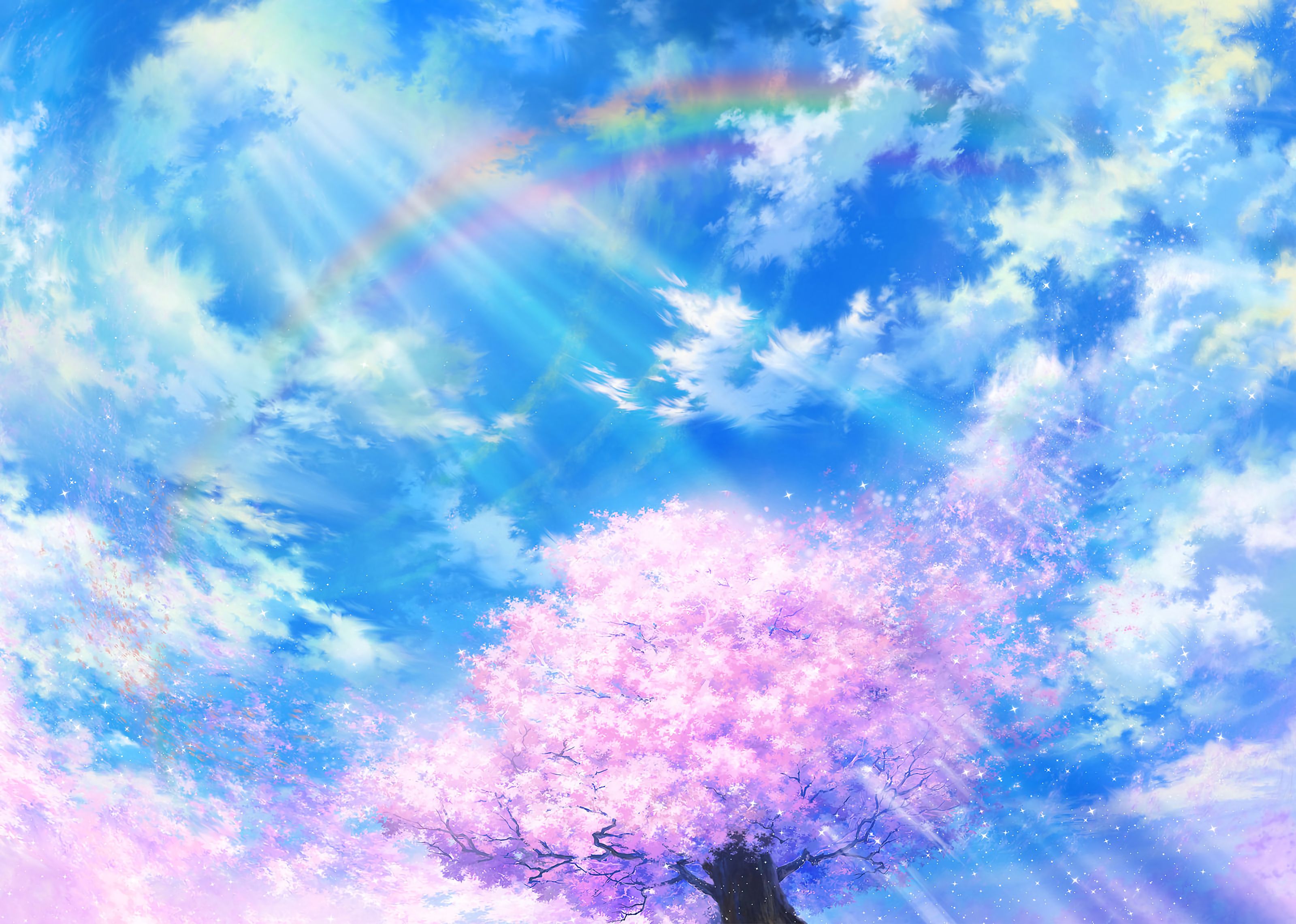 83715 скачать обои небо, облака, сакура, цветение, радуга, арт - заставки и картинки бесплатно