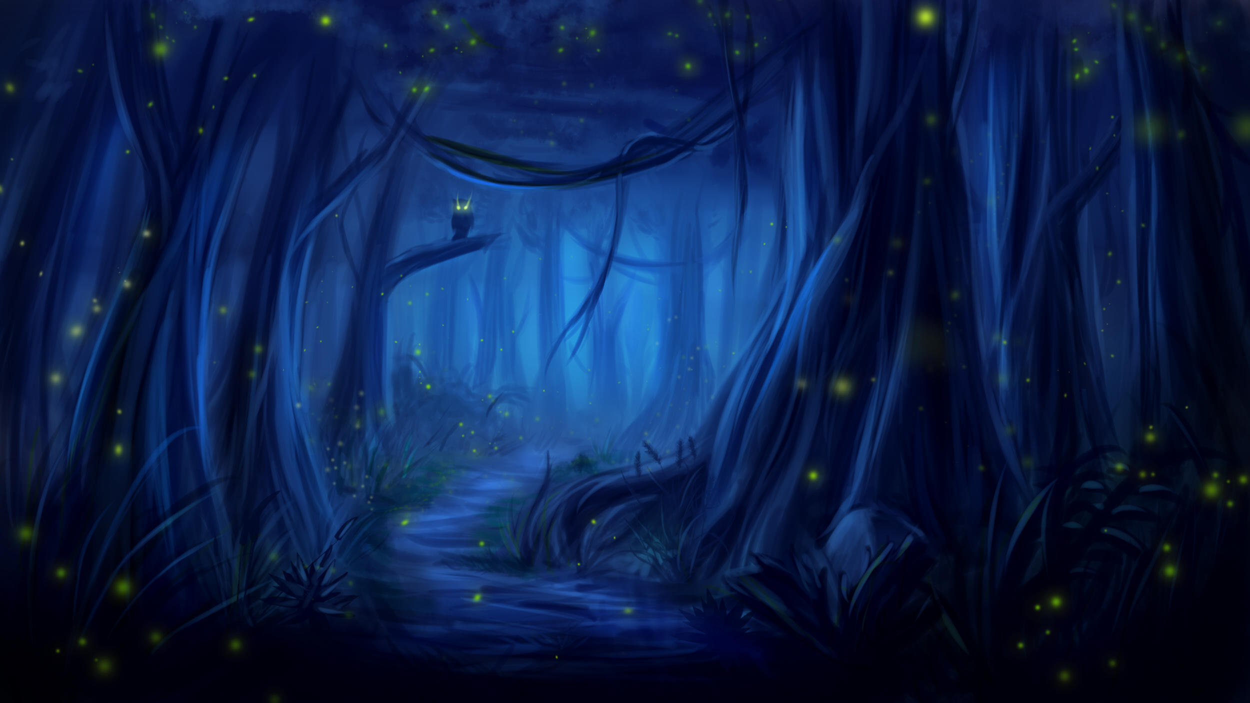 Download mobile wallpaper Fantasy, Night, Owl, Forest, Path for free.