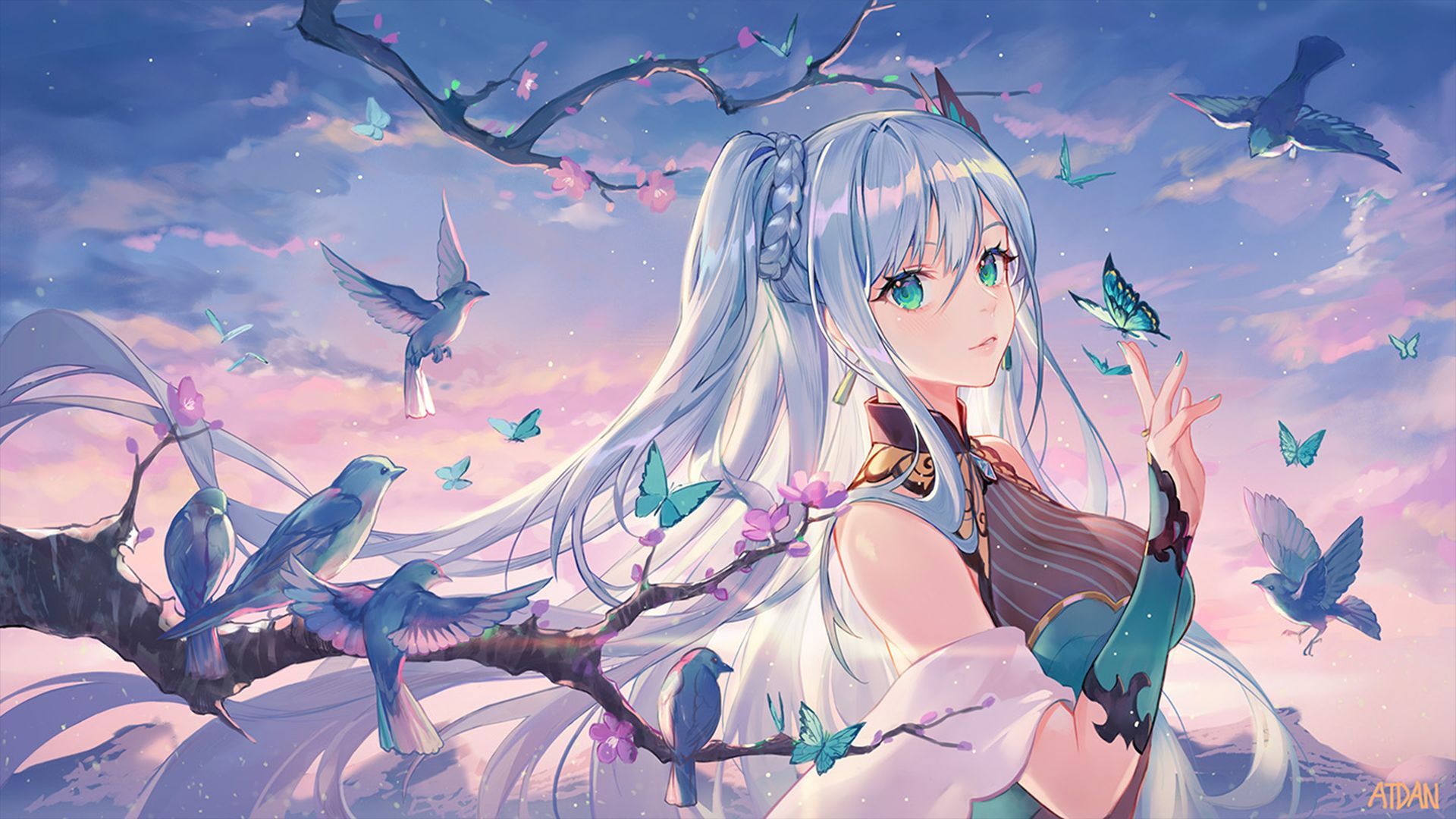 Laden Sie das Schmetterlinge, Vogel, Grüne Augen, Original, Kirschblüte, Blaue Haare, Animes, Lange Haare-Bild kostenlos auf Ihren PC-Desktop herunter