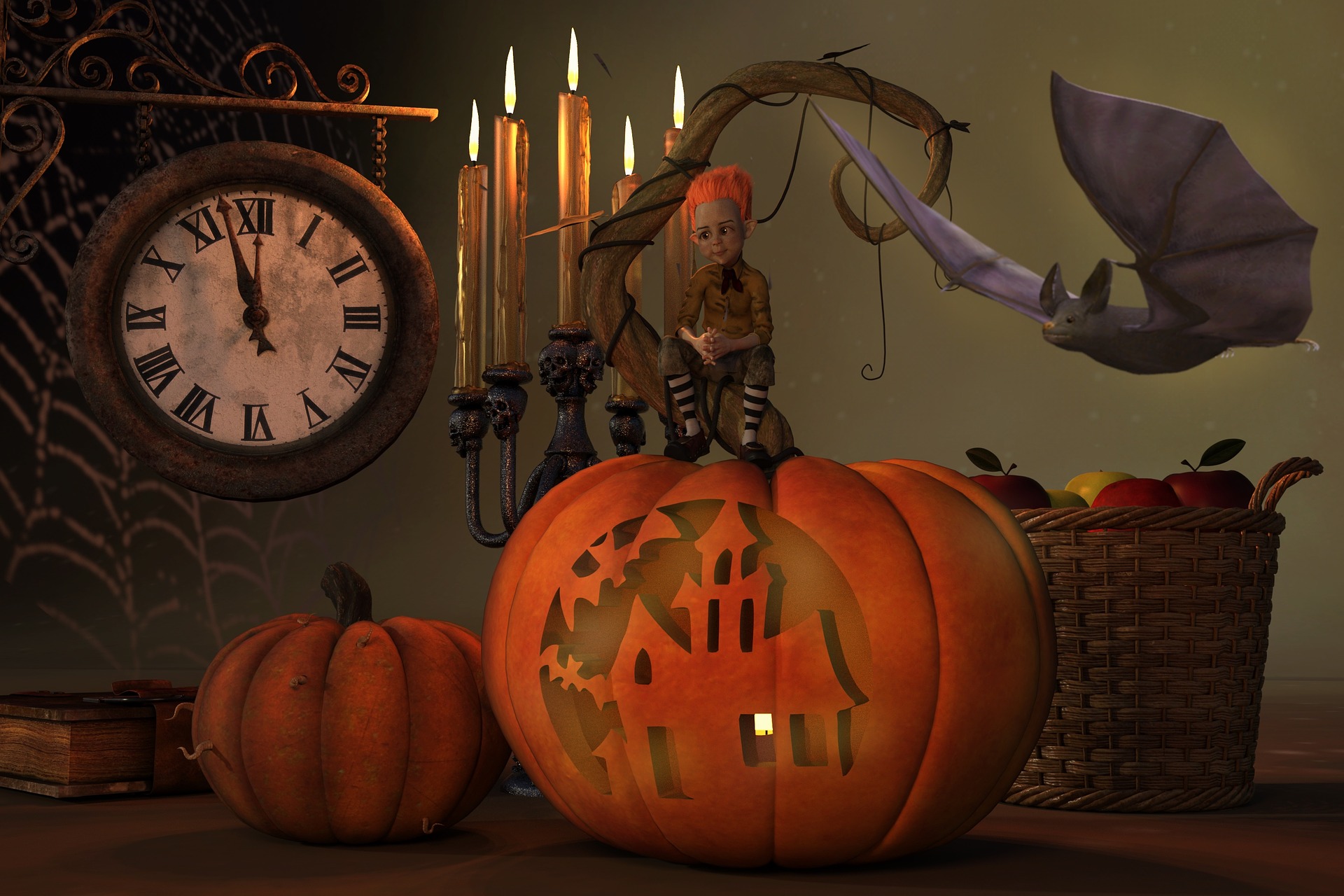 Download mobile wallpaper Halloween, Clock, Pumpkin, Holiday, Elf, Bat, Jack O' Lantern for free.