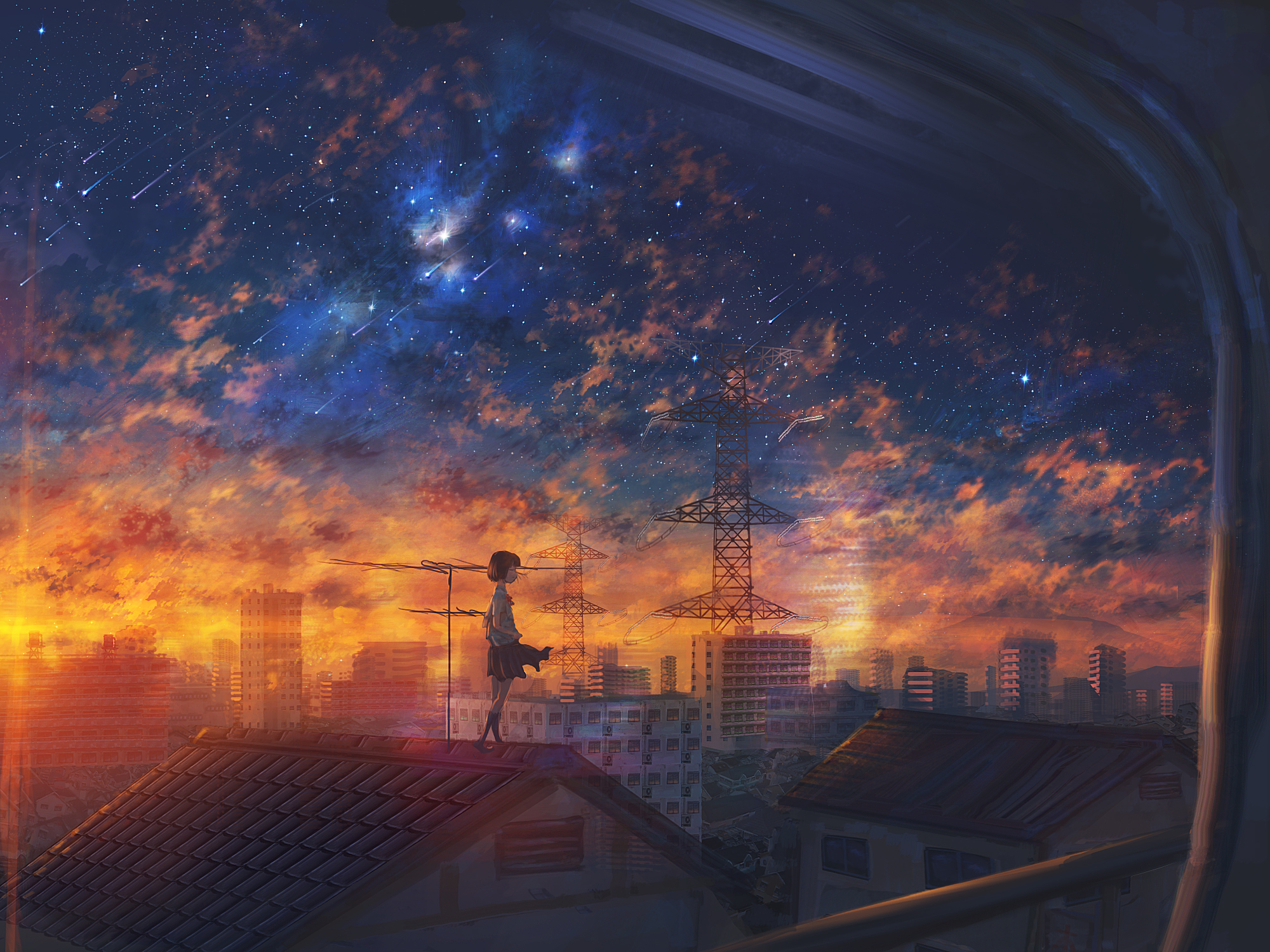 Baixe gratuitamente a imagem Anime, Pôr Do Sol, Cidade, Céu Estrelado, Original, Estrela Cadente na área de trabalho do seu PC