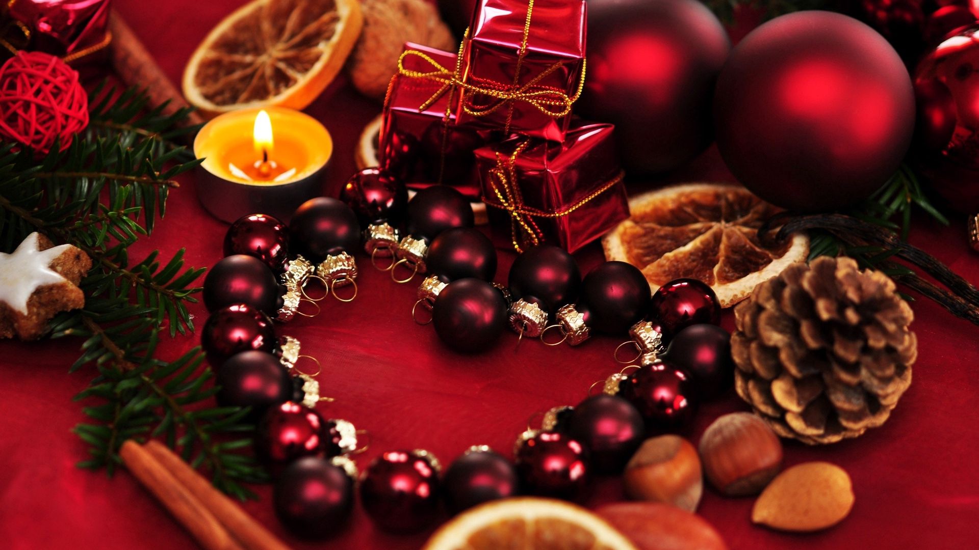 1920x1080 Background holidays, candles, christmas, holiday, balls, presents, gifts