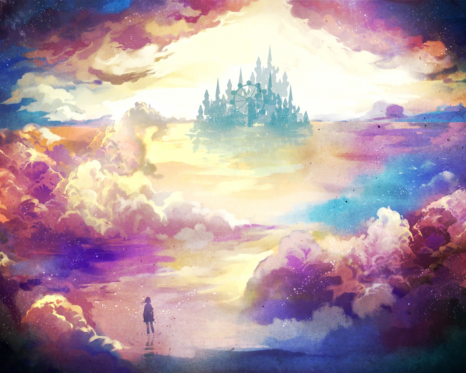 Free download wallpaper Anime, Landscape, Sky, Sun, Colorful, Ferris Wheel, Cloud, Original, Castle on your PC desktop