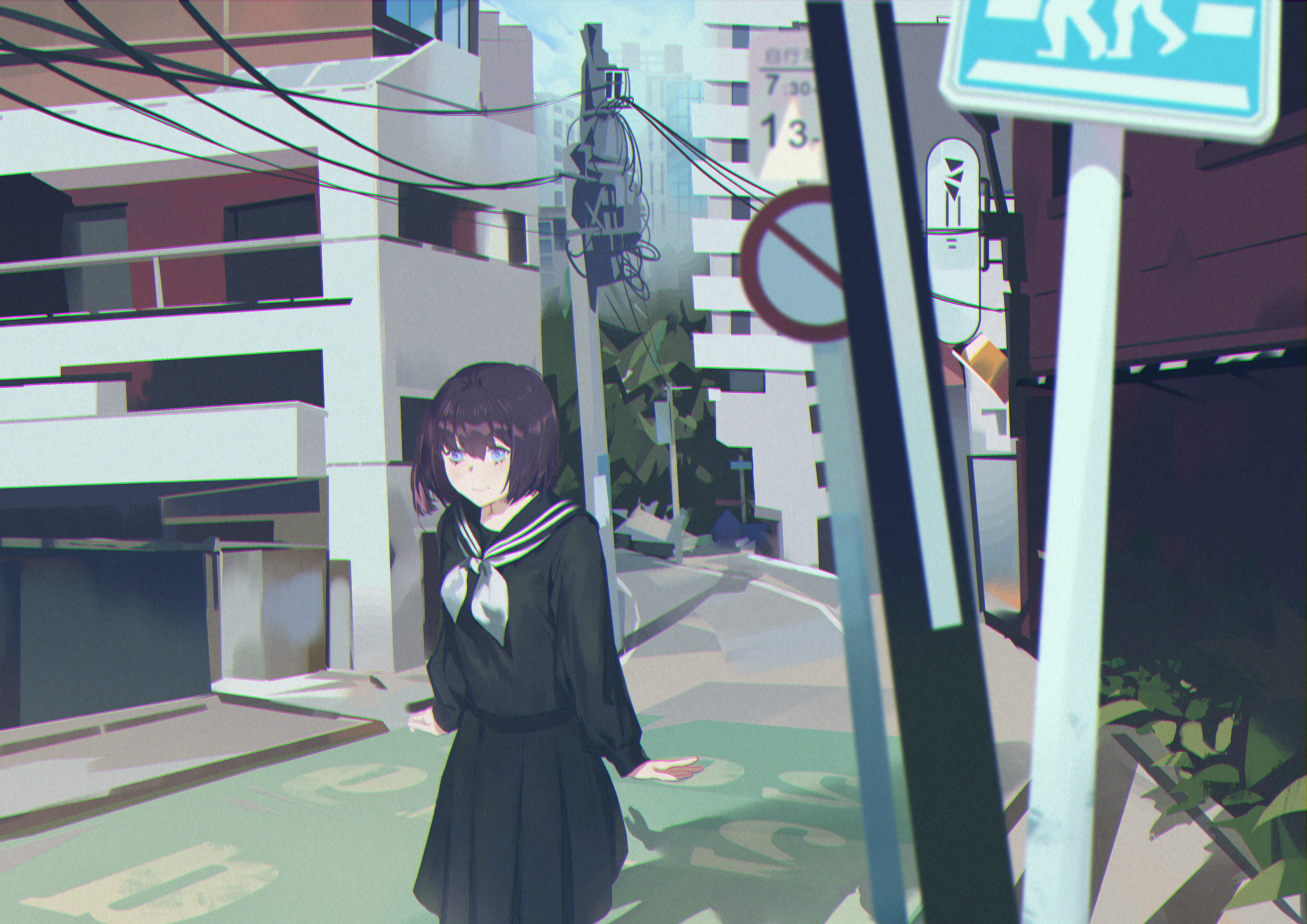 street, anime, girl, schoolgirl