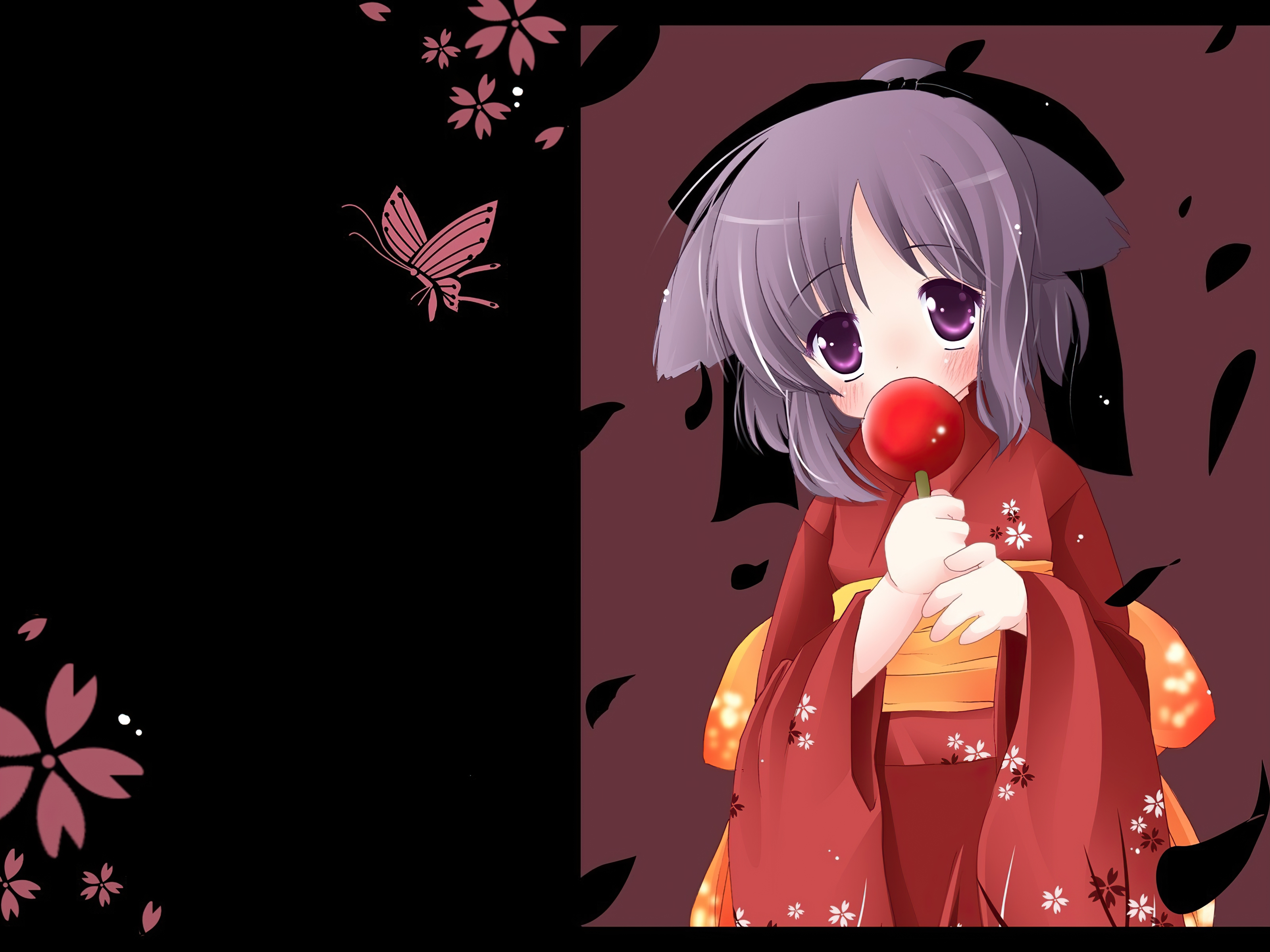 Download mobile wallpaper Anime, Apple, Flower, Butterfly, Kimono, Original, Blush, Short Hair, Cat Girl, Purple Hair for free.
