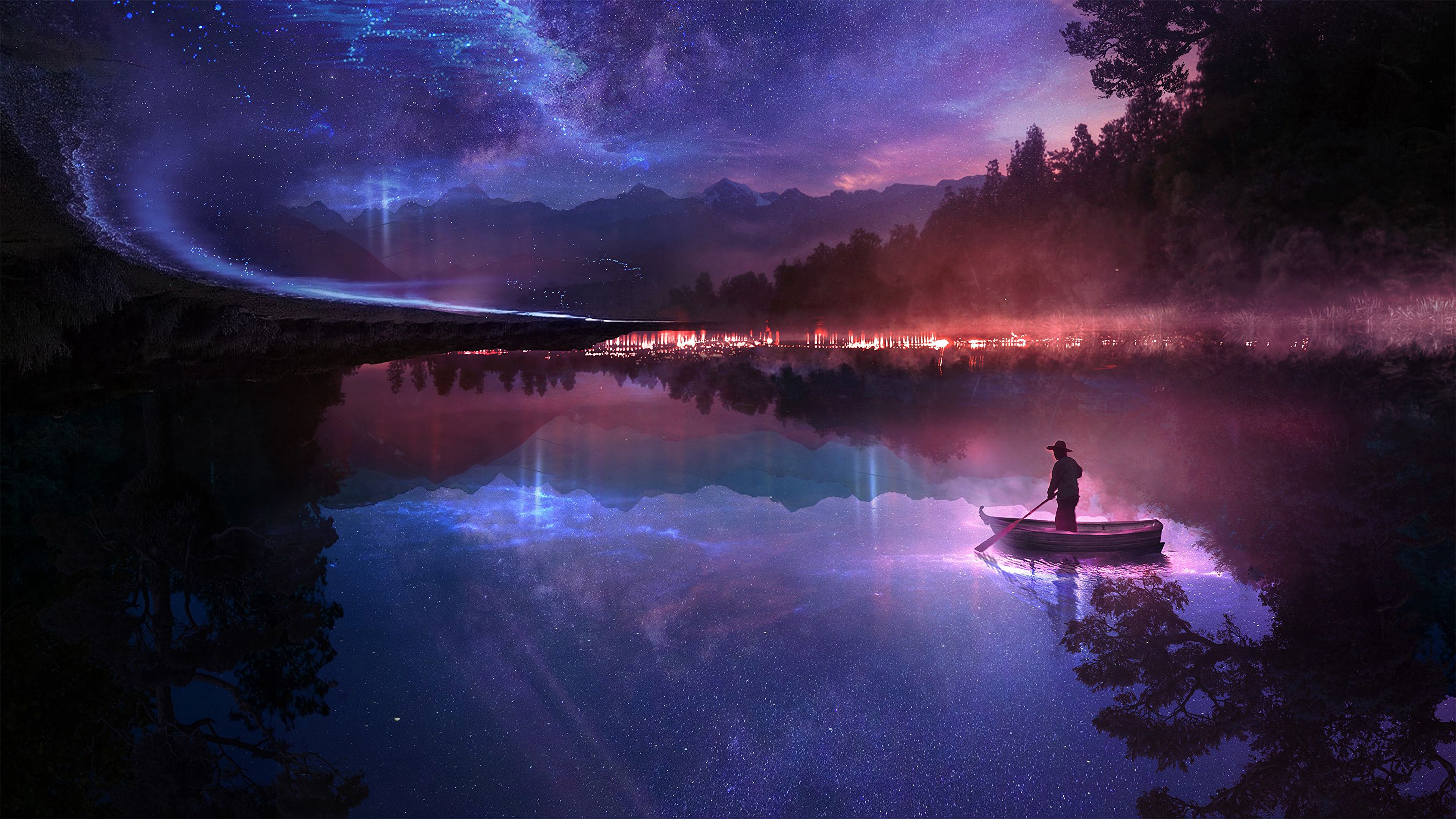 1920x1080 Background night, art, loneliness, rivers, boat