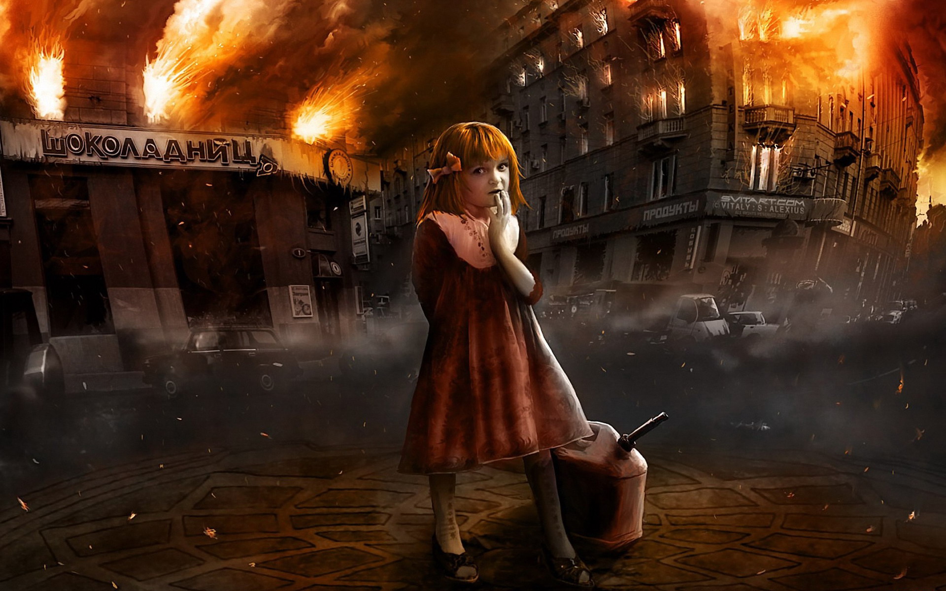 Laden Sie das Fantasie, Feuer, Flamme, Zerstörung, Großstadt, Kleines Mädchen-Bild kostenlos auf Ihren PC-Desktop herunter