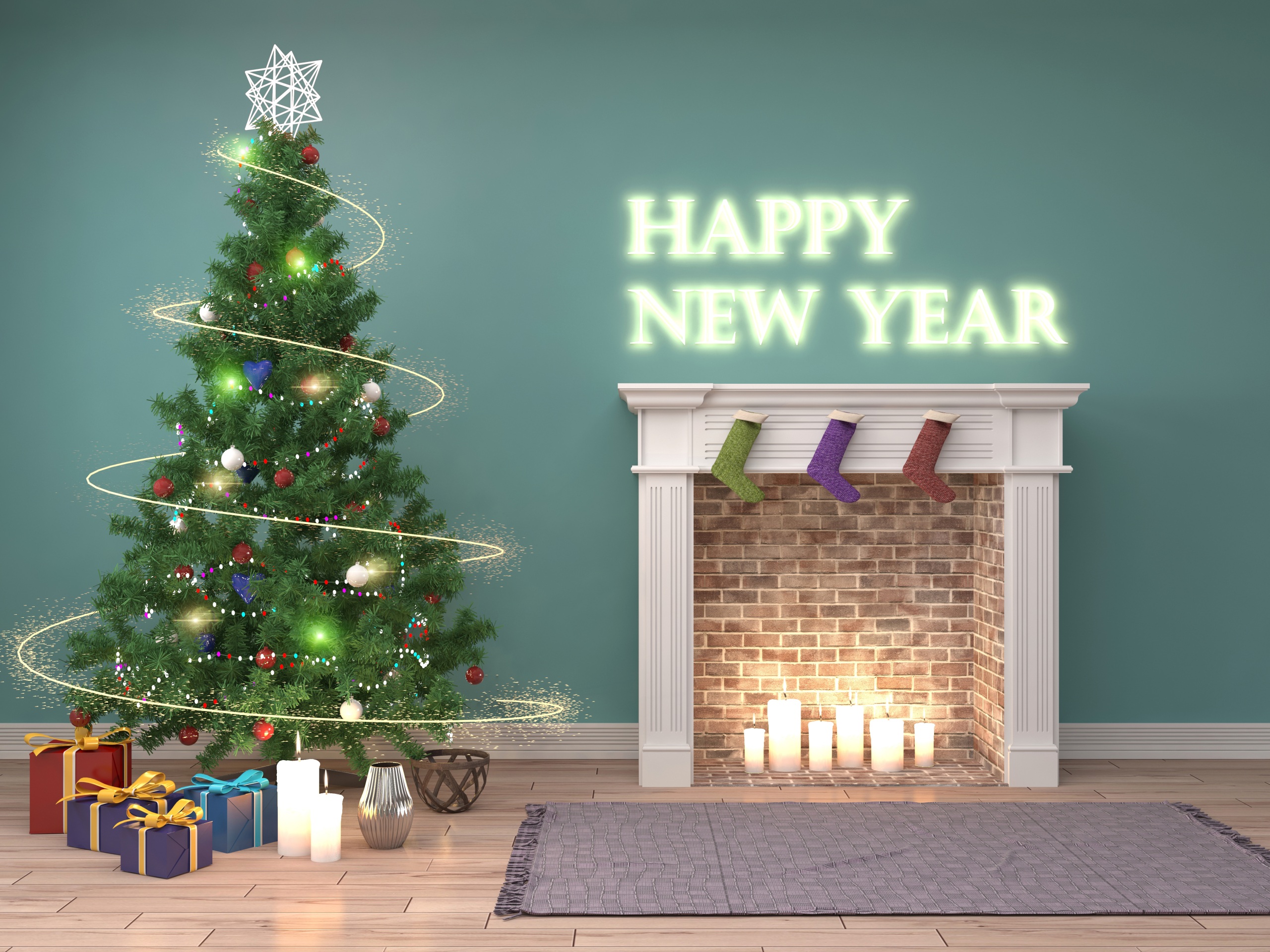 965024画像をダウンロードホリデー, 新年, 煙突, クリスマスツリー, クリスマス, 贈り物, あけましておめでとう-壁紙とスクリーンセーバーを無料で