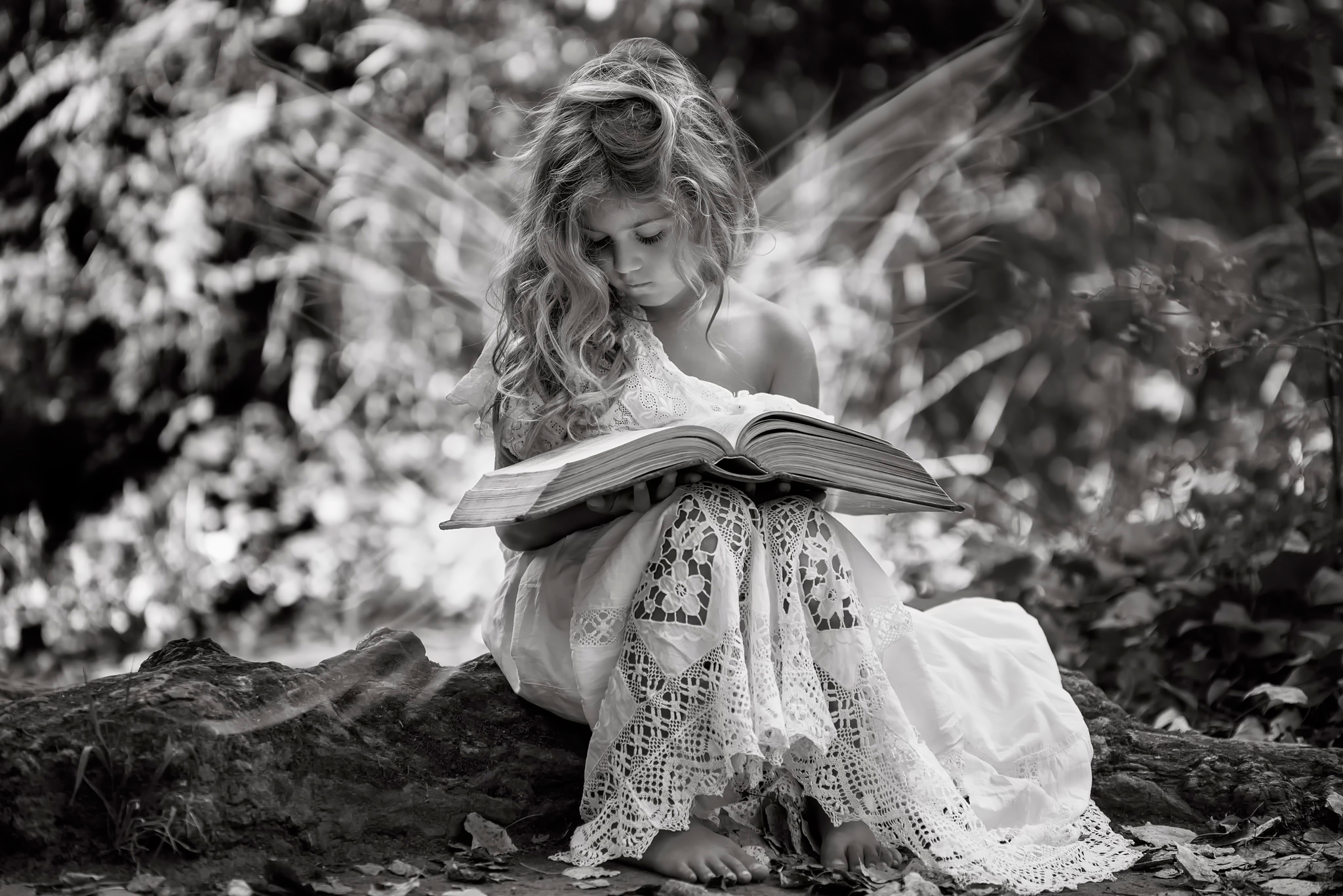 Download mobile wallpaper Wings, Book, Child, Photography, Black & White, Manipulation for free.