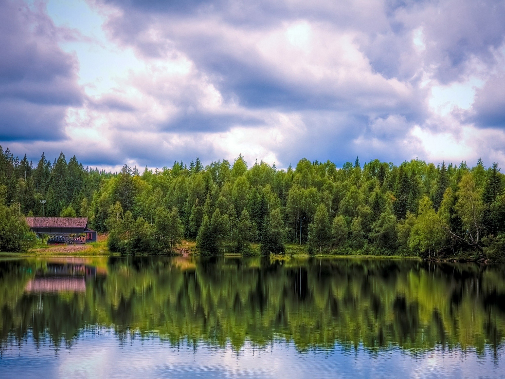 nature, water, reflection, forest, small house, lodge