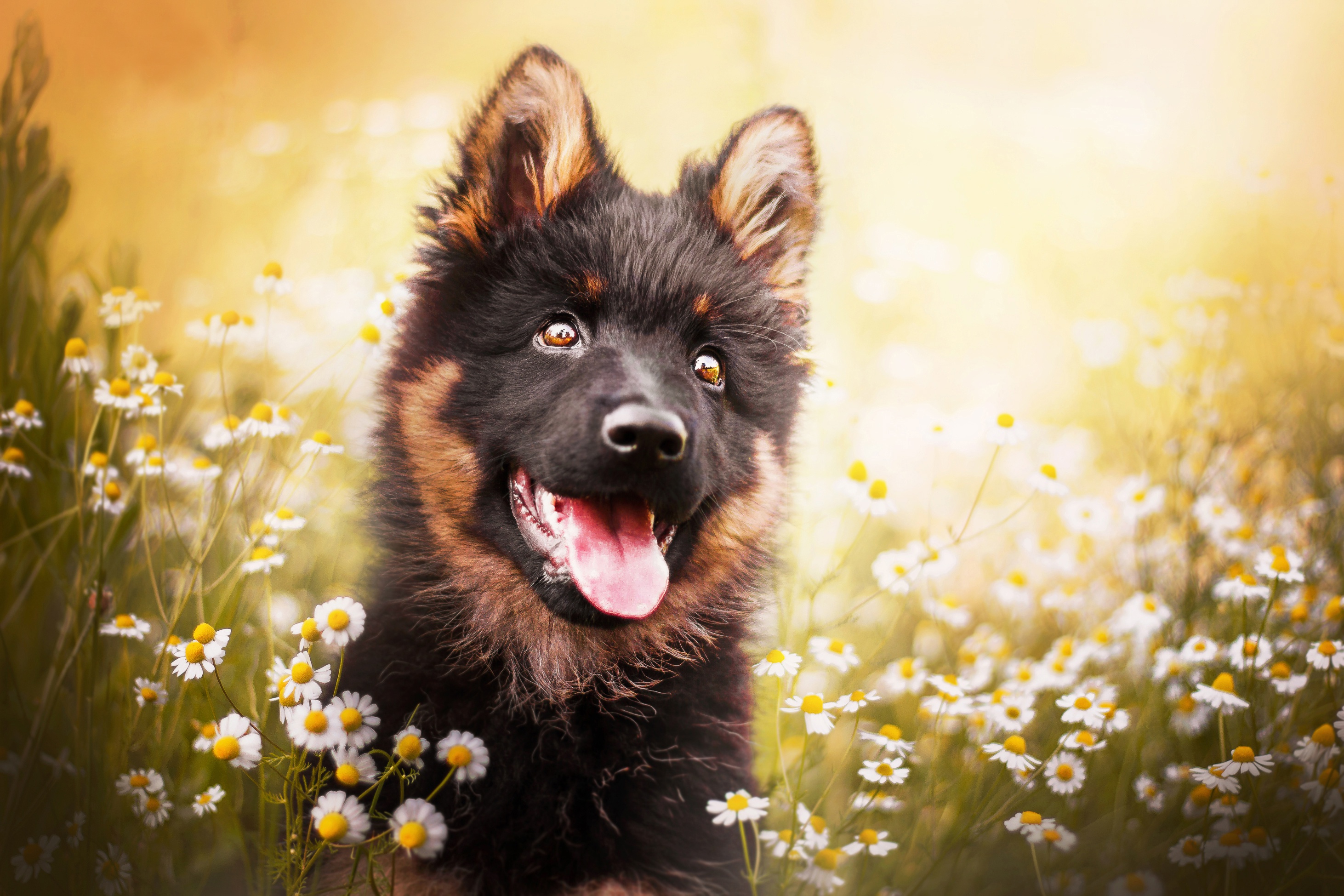 Download mobile wallpaper Dogs, Flower, Dog, Muzzle, Animal, Puppy, Daisy, German Shepherd, Baby Animal for free.