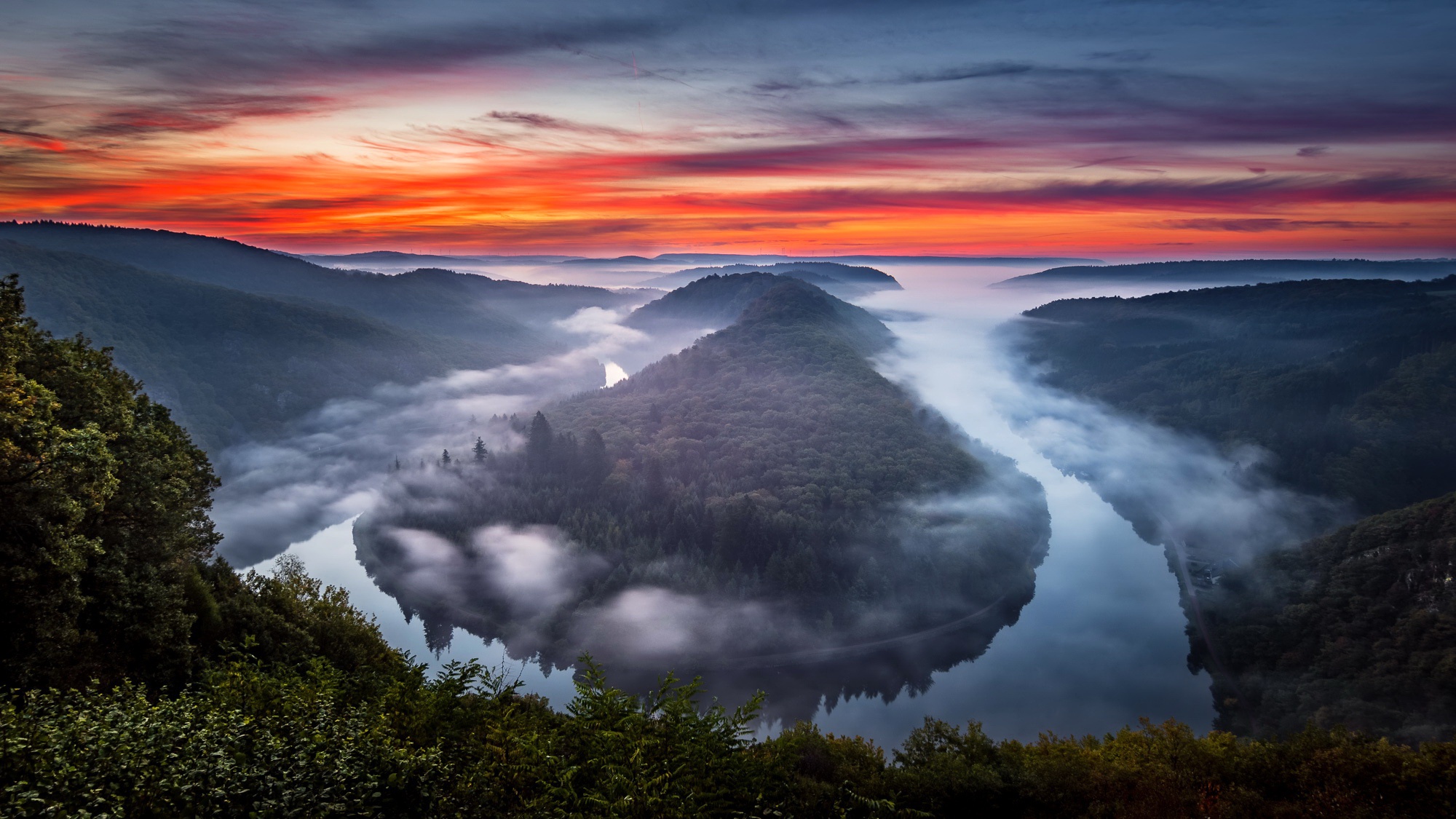 Free download wallpaper Fog, Sunrise, Earth, River, Germany on your PC desktop