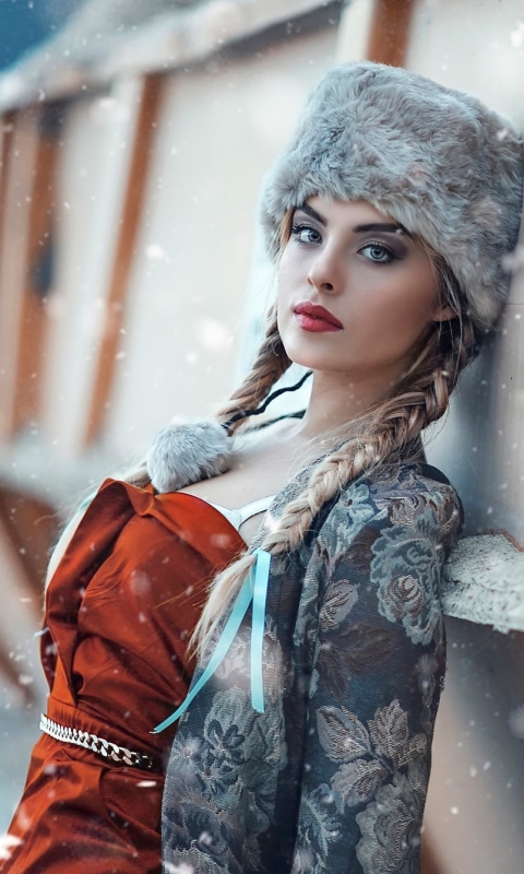Download mobile wallpaper Winter, Blonde, Hat, Model, Women, Snowfall, Braid, Lipstick for free.