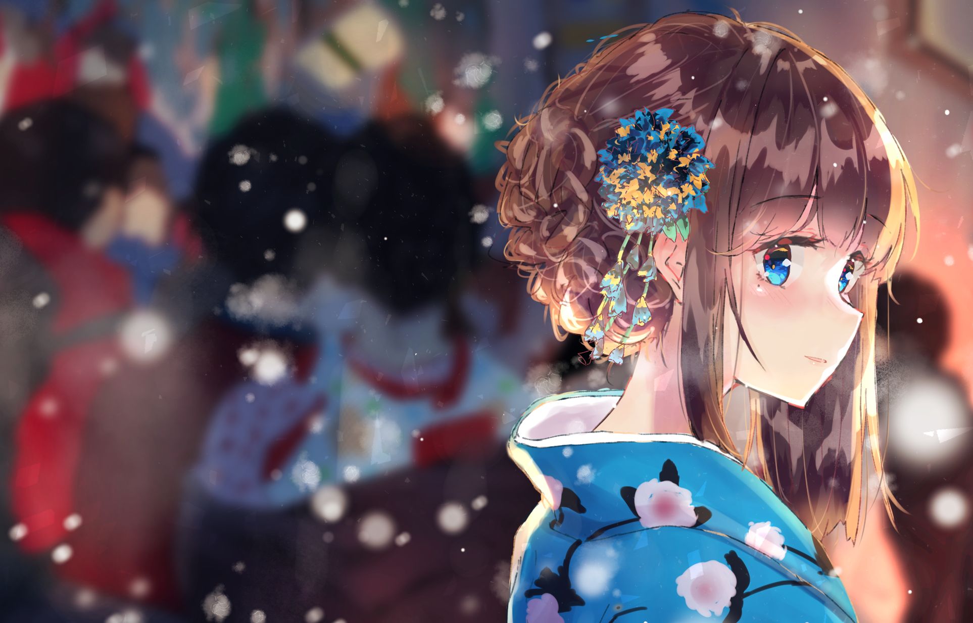cute, girl, anime, blue eyes, brown hair, kimono, snowfall
