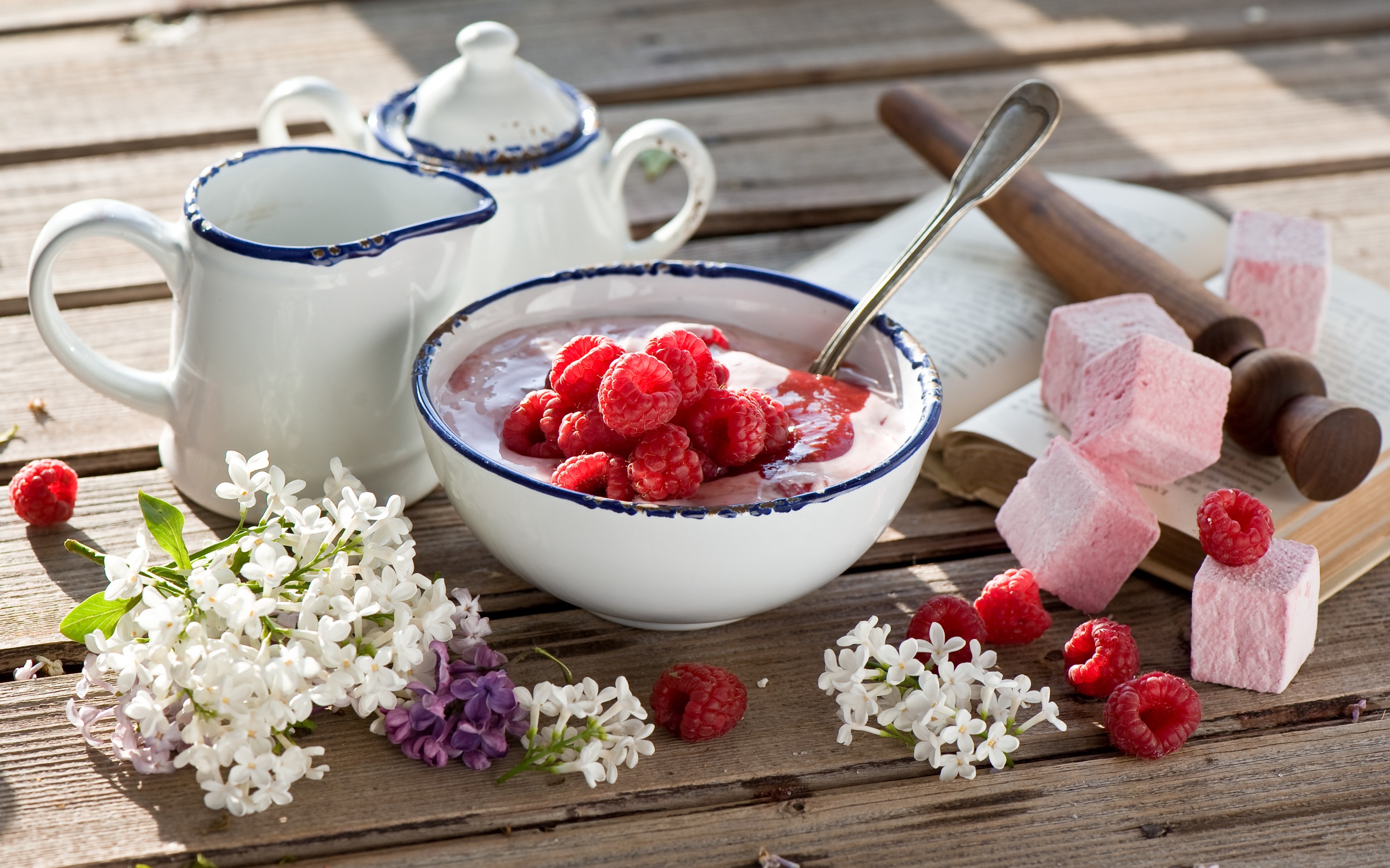 food, lilac, raspberry, marshmallow, zephyr, breakfast, yogurt, yoghurt Free Stock Photo