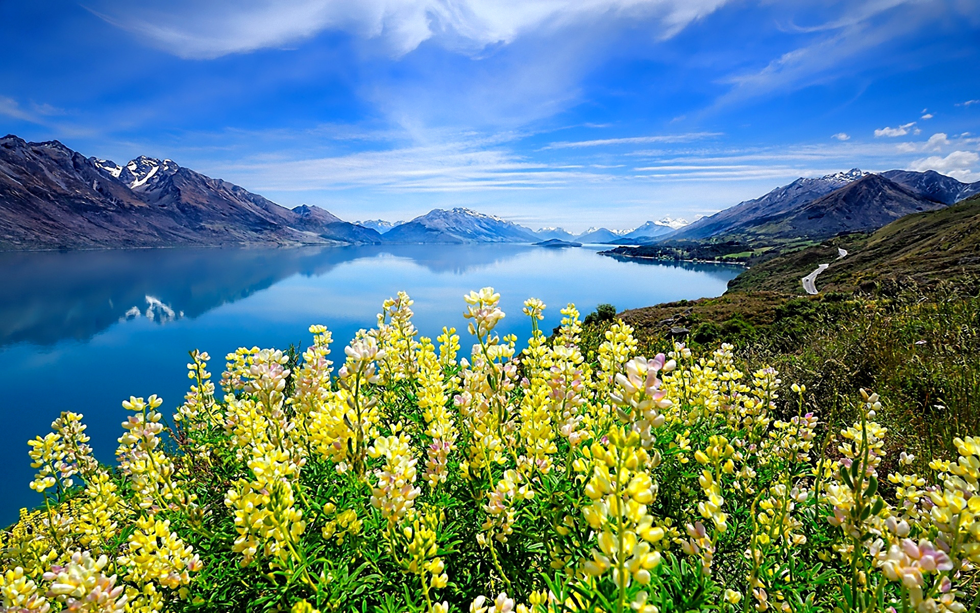 Скачать картинку Пейзаж, Небо, Облака, Гора, Озеро, Отражение, Цветок, Земля/природа в телефон бесплатно.