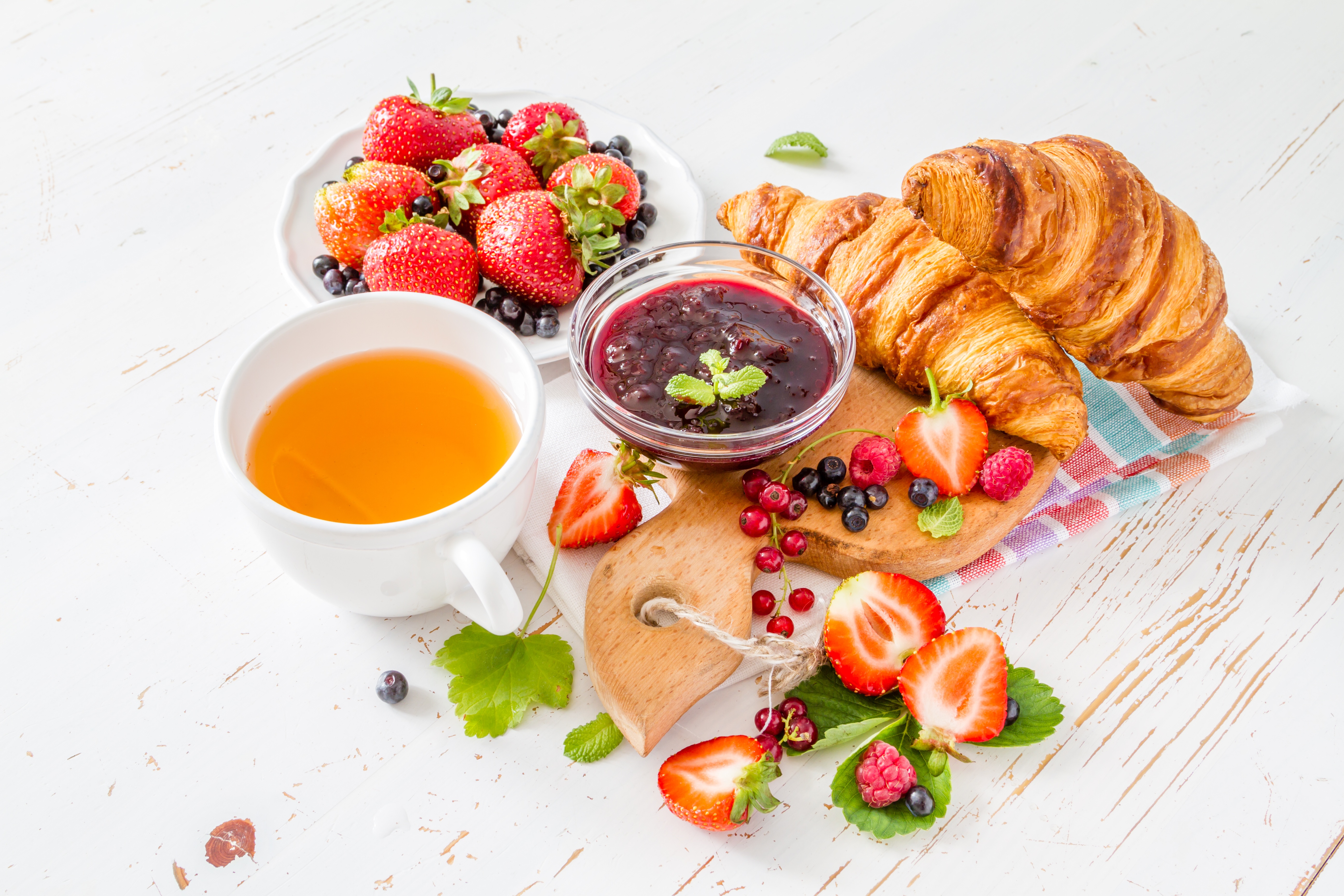 Free download wallpaper Food, Strawberry, Still Life, Berry, Fruit, Jam, Tea, Breakfast, Croissant, Viennoiserie on your PC desktop