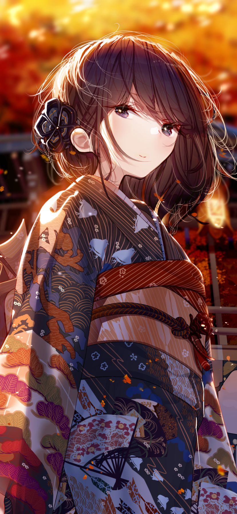 Download mobile wallpaper Anime, Girl, Kimono, Brown Hair, Short Hair, Japanese Clothes for free.