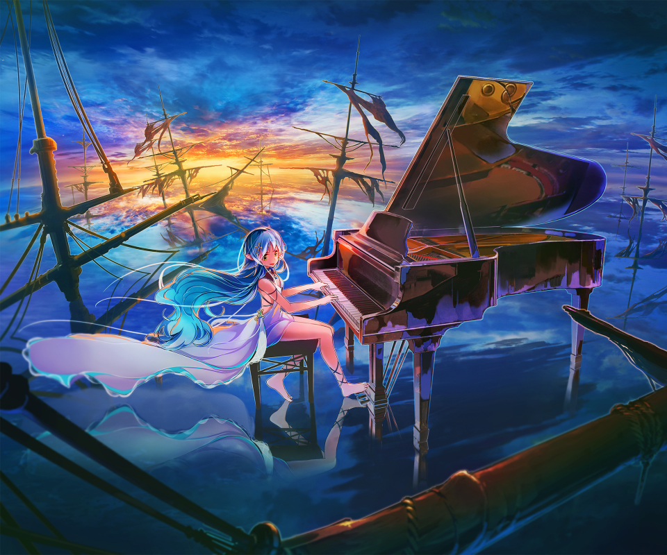Download mobile wallpaper Music, Anime, Water, Piano, Reflection, Yellow Eyes, Blue Hair, Long Hair for free.