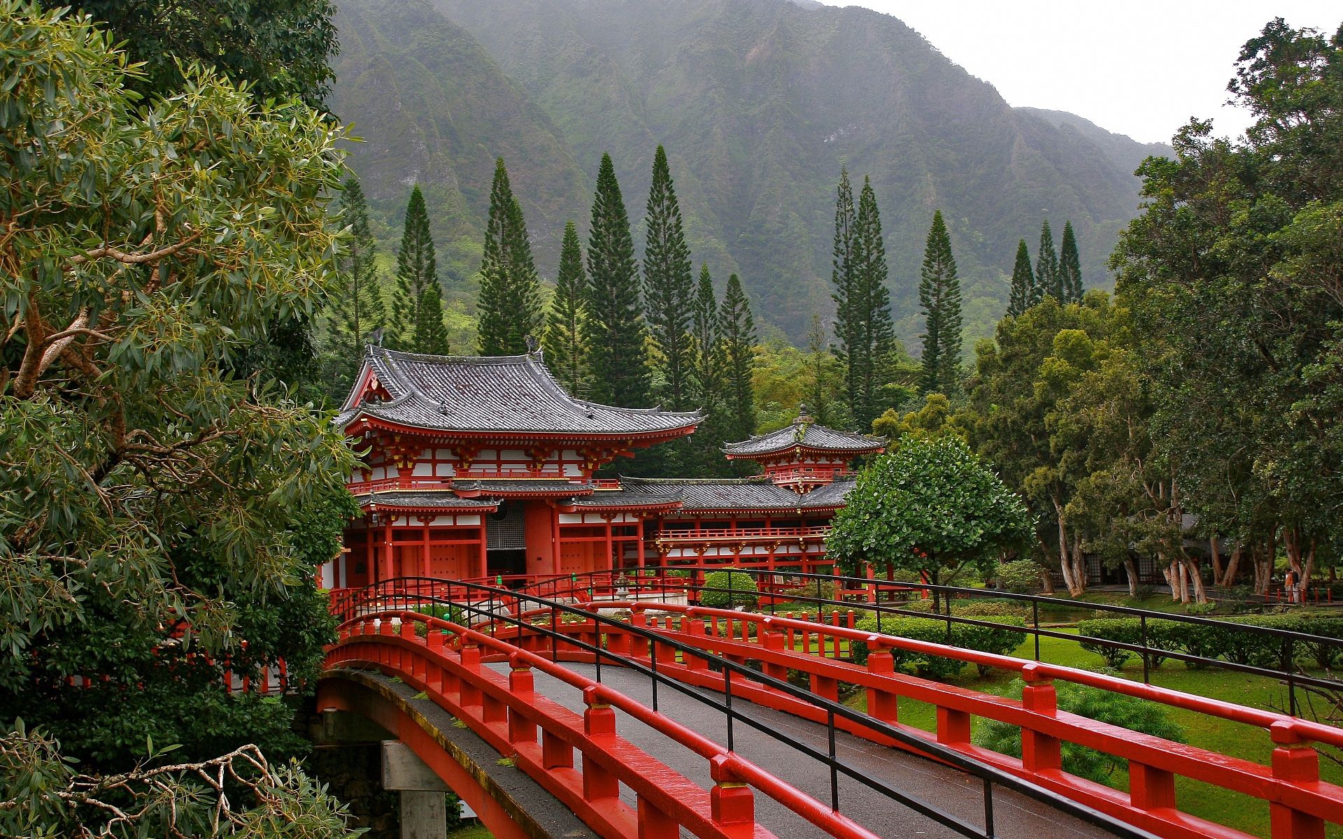 japan, nature, trees, mountains, architecture, red, bridge