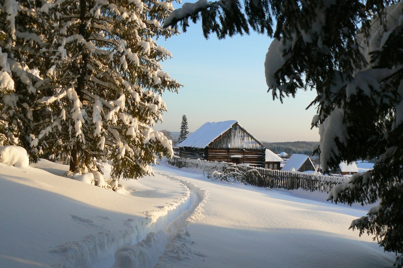 Handy-Wallpaper Häuser, Bäume, Schnee, Landschaft, Winter kostenlos herunterladen.