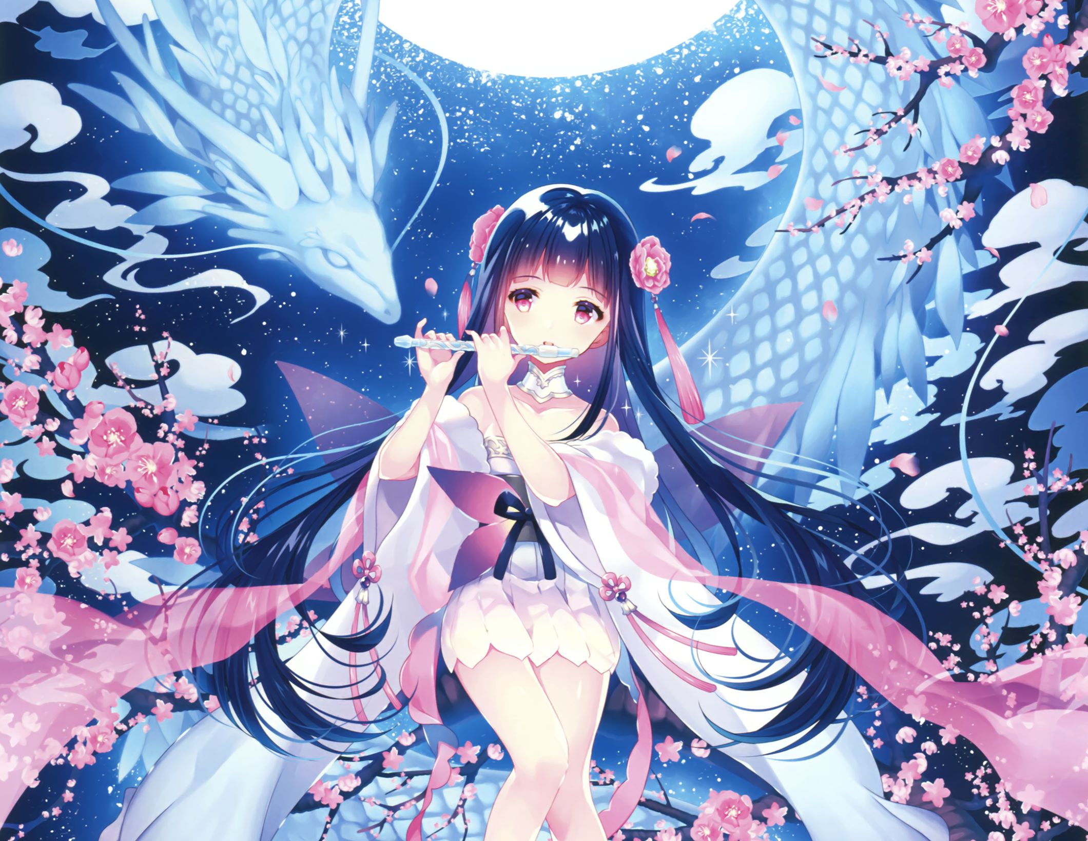 anime, original, black hair, cherry blossom, flute, kimono, long hair, moon, pink eyes