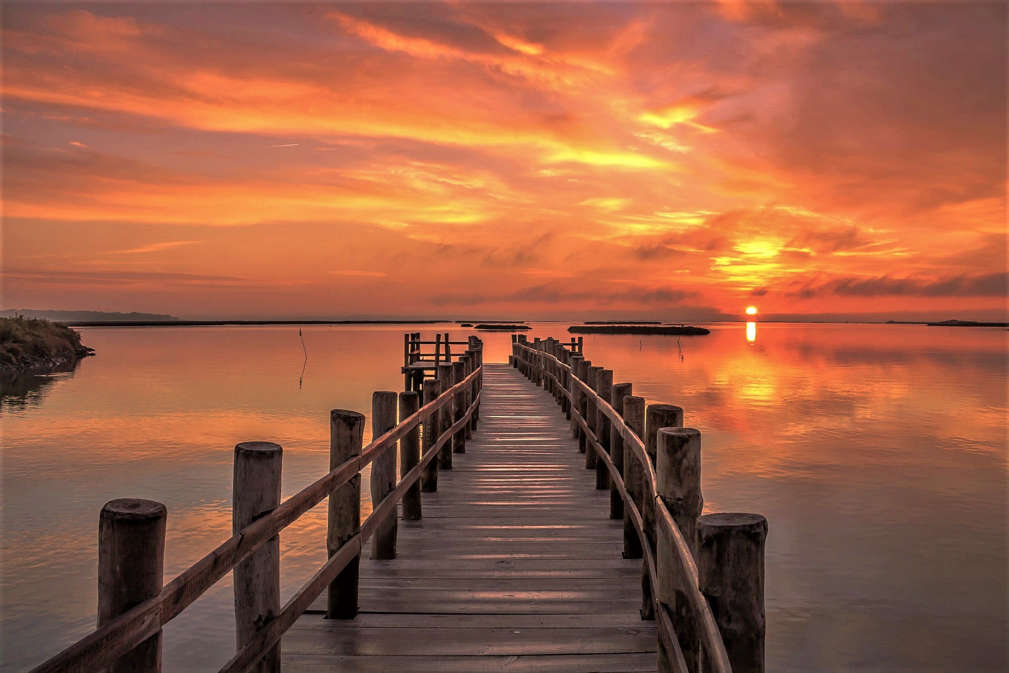 Download mobile wallpaper Sunset, Sky, Horizon, Pier, Wooden, Man Made for free.