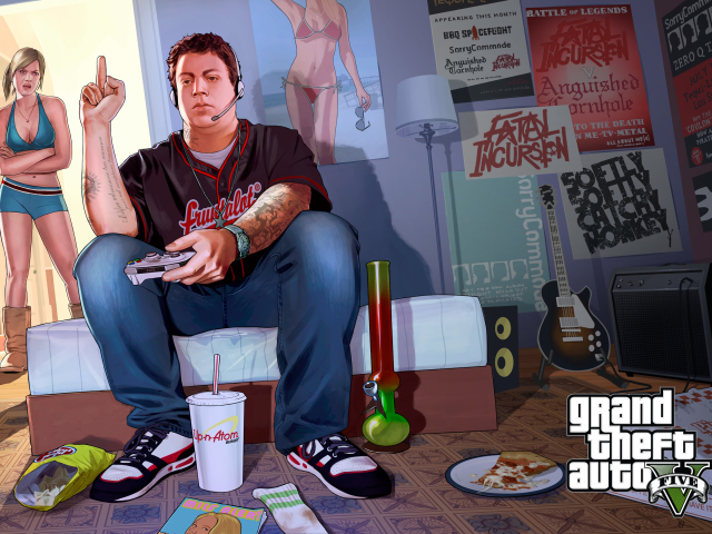 Download mobile wallpaper Food, Tattoo, Drink, Video Game, Grand Theft Auto, Grand Theft Auto V, Jimmy De Santa for free.