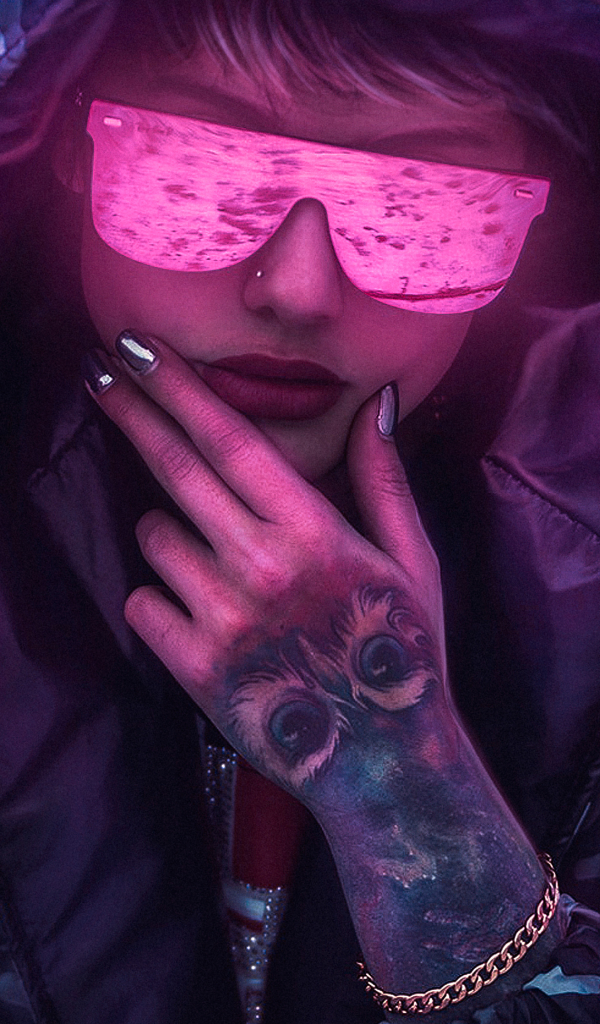 Handy-Wallpaper Cyberpunk, Tätowierung, Science Fiction, Sonnenbrille, Lippenstift kostenlos herunterladen.