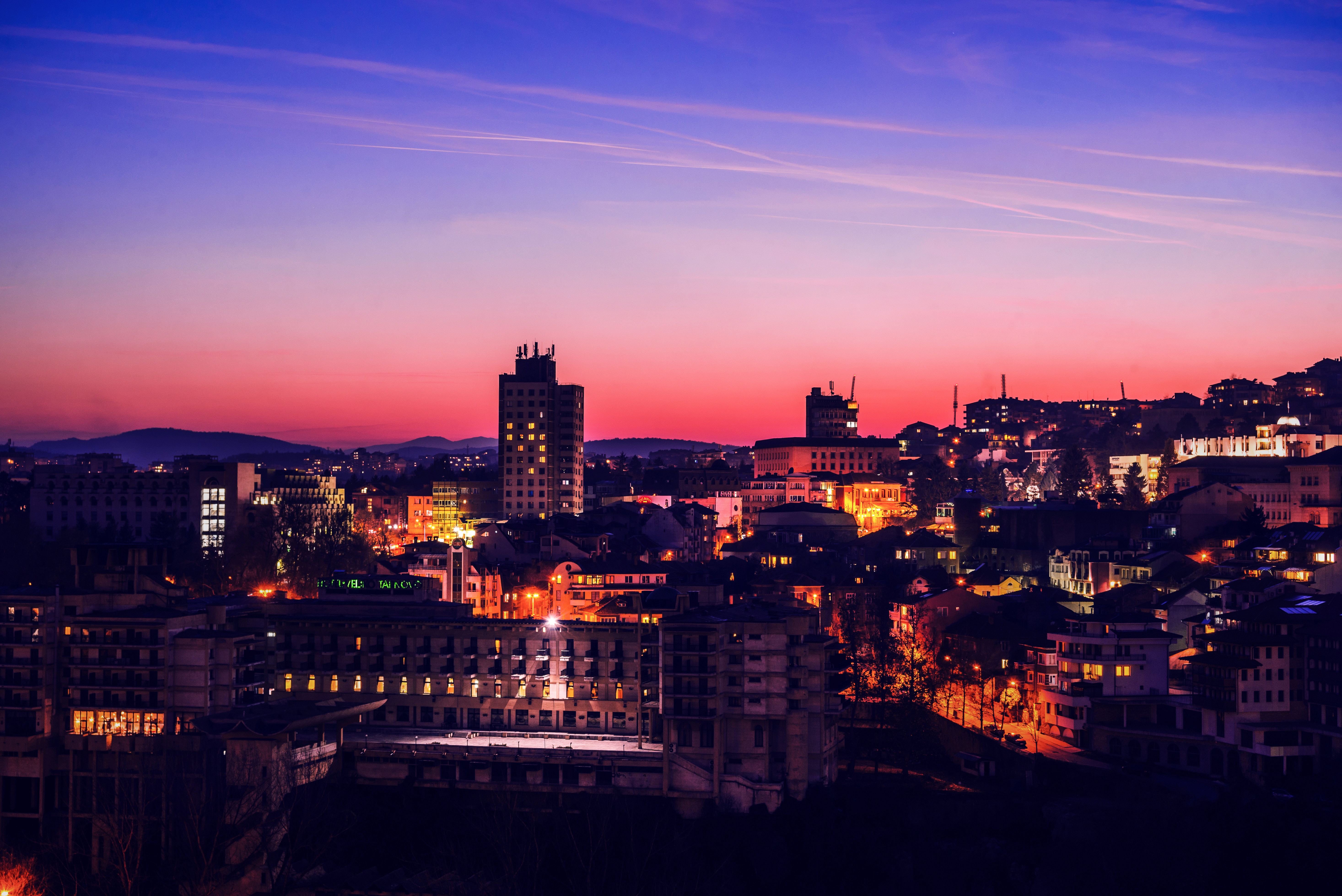city lights, sunset, cities, sky, architecture, building, night city HD for desktop 1080p